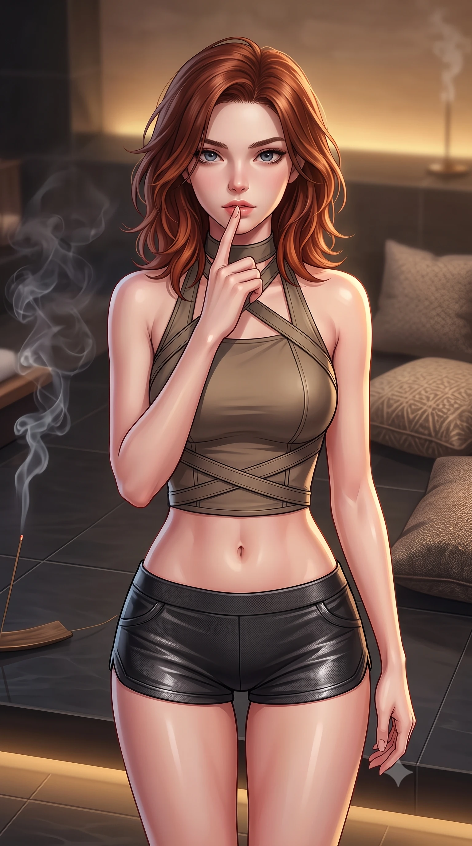 score_9, masterpiece, best quality, ultra-detailed, high-budget anime keyframe, editorial fashion photography, tasteful artistic composition, Korean woman. close-up cowboy shot from the waist and thighs up, the character dominates the composition, filling the frame with her large presence, background elements kept in soft focus. pressing one finger to her bottom lip in a thoughtful, composed gesture, locking eyes with the viewer, the background shows a soft-focus a thermal spa suite with dark tiled floors, incense smoke, and cushions. She has an exceptionally elegant, slender, and willowy female figure with an ultra-slim waist, a gracefully sculpted slender torso, and a refined silhouette. sharp v-shaped jawline, high-bridge nose, intricate jewel-like eyes with depth, thick eyelashes, glossy lips with a natural sheen. wearing a tailored backless halter-neck combat top with criss-cross strapping, paired with carbon-alloy micro-shorts. low-contrast, soft warm ambient uplight casting a peaceful, gold glow. highly saturated vibrant anime colors, detailed shading with soft gradients, rich glossy textures, high-contrast stereoscopic depth, volumetric dynamic lighting, master piece, 9:16 ratio