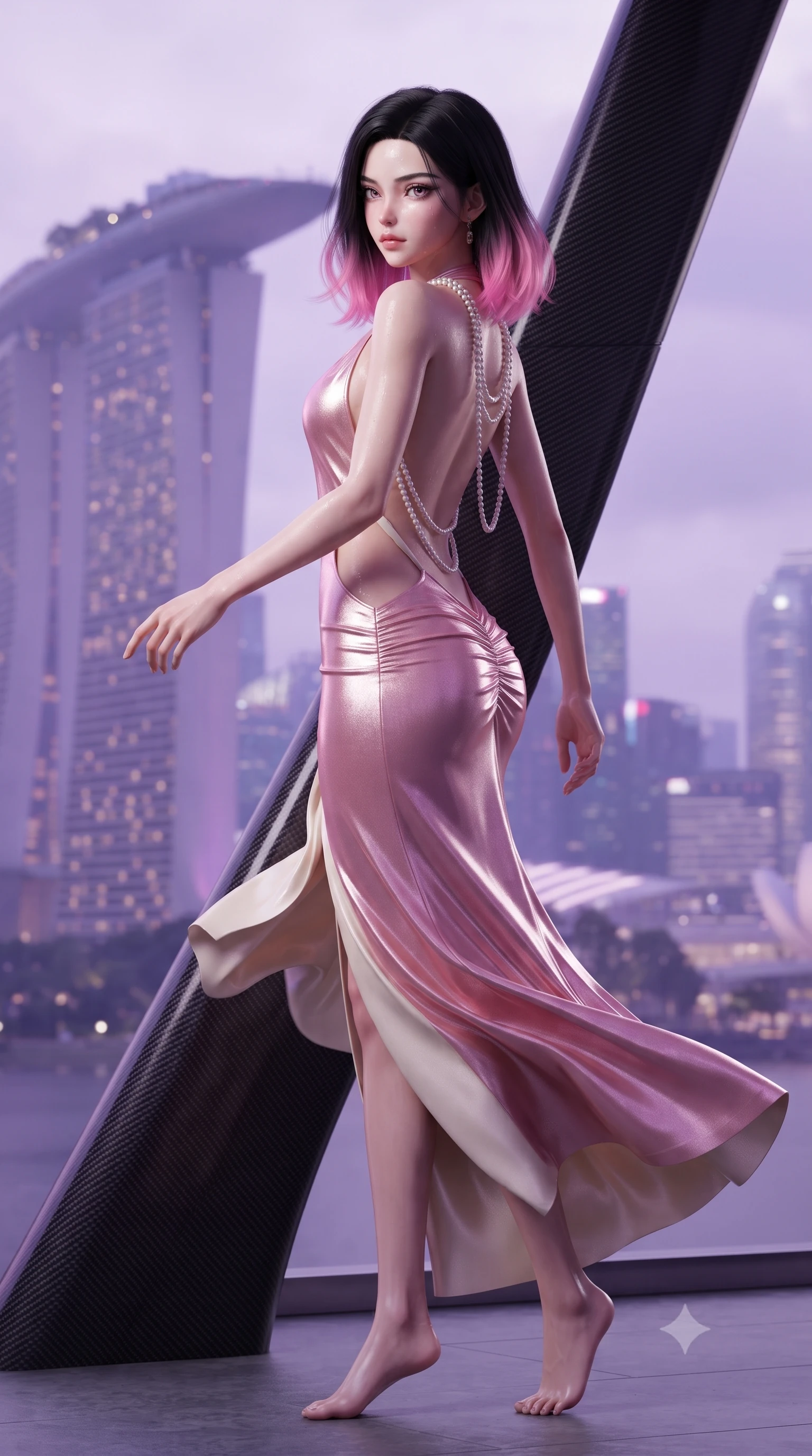 score_9, masterpiece, best quality, ultra-detailed, high-budget anime keyframe, editorial fashion photography, tasteful artistic composition, Korean woman. low angle full-body shot from head to toe showing her feet, filling the entire 9:16 vertical frame with her statuesque presence, stretching her vertical silhouette. executing an elegant mid-motion pivot turn as garments swirl around her slender limbs, glancing over her shoulder with an intoxicating bedroom-gaze while twisting her slender torso in an alluring contrapposto stance beside a curved carbon support strut, the illuminated Marina Bay Sands towers shimmering in the purple haze. The composition keeps background elements in soft focus with creamy bokeh. distant futuristic marina skyscrapers and tropical mist clouds softened in sleek cyberpunk shallow focus. She has an exceptionally tall and slender model-like 8.5-heads proportion, an ultra-slim waist, a flat toned midriff, narrow delicate ribcage, and beautifully sculpted feminine hips creating a graceful, slim hourglass silhouette without any bulky heaviness, with impossibly long slender legs. sharp v-shaped jawline, high-bridge nose, intricate jewel-like eyes with depth, thick eyelashes, glossy parted lips with a natural sheen, intensely captivating and seductive bedroom-eyes expression, flawlessly proportioned anatomical accuracy, strict slender model proportions, natural body alignment, perfectly sculpted long slender limbs, ultra-slim waistline, clean dynamic posture without body distortion. wearing a plunging halter-neck metallic lamé column dress with a dramatic bare spine and hip-defining ruching in sakura blossom pink and warm ivory, formed from supple second-skin lambskin leather with specular sheen, accented with a multi-strand pearl back necklace cascading down her bare spine to her hips, the precision-cut side openings and low-back scoop framing her graceful spine and the sensual sweep of her slim, toned hips. illuminated by wet glass specular reflections sculpting her razor-sharp jawline, narrow waist, and curvy hips. ultra-reflective glossy finish, specular highlights, rich textural contrasts, high-contrast stereoscopic depth, volumetric dynamic lighting, 2k, ultra detail, master piece, 9:16 ratio