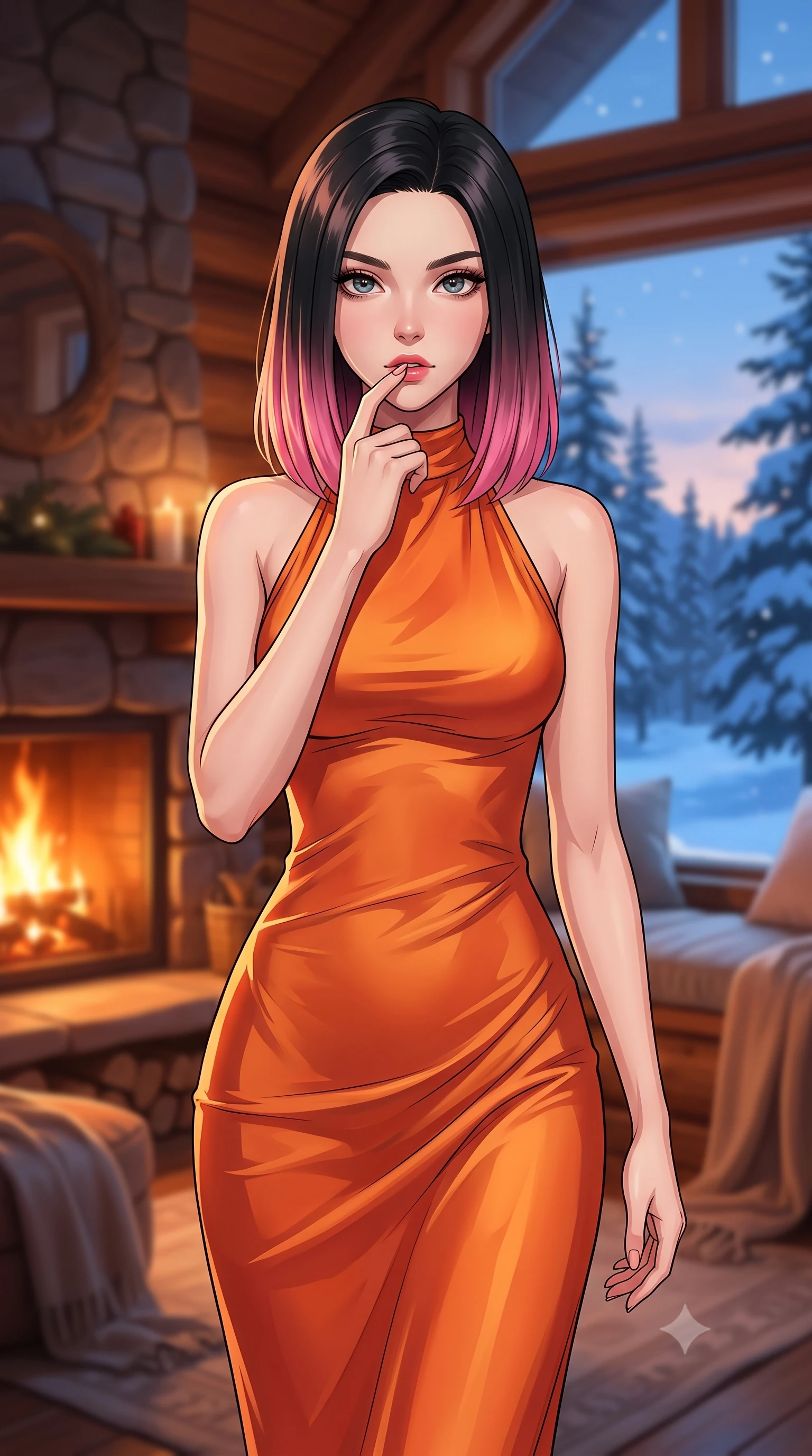 score_9, masterpiece, best quality, ultra-detailed, high-budget anime keyframe, tasteful artistic composition, Korean woman. close-up cowboy shot from the waist and thighs up, the character dominates the composition, filling the frame with her large presence, background elements kept in soft focus. pressing one finger to her bottom lip in a thoughtful, seductive gesture under the warm sun the background shows a soft-focus a cozy window seat of a luxury log cabin overlooking snowy pine woods at dusk. She has an exceptionally elegant, slender, and willowy female figure with an ultra-slim waist, a gracefully sculpted slender torso, and a refined silhouette. sharp v-shaped jawline, high-bridge nose, intricate jewel-like eyes with depth, thick eyelashes, glossy lips with a natural sheen. wearing a form-contouring form-fitting liquid silk halter-neck maxi dress in sunset orange, draped elegantly to highlight her slender frame. warm fireplace light contrasting with the cool blue snow-reflected daylight. highly saturated vibrant anime colors, cel-shading, 2d style, master piece, 9:16 ratio