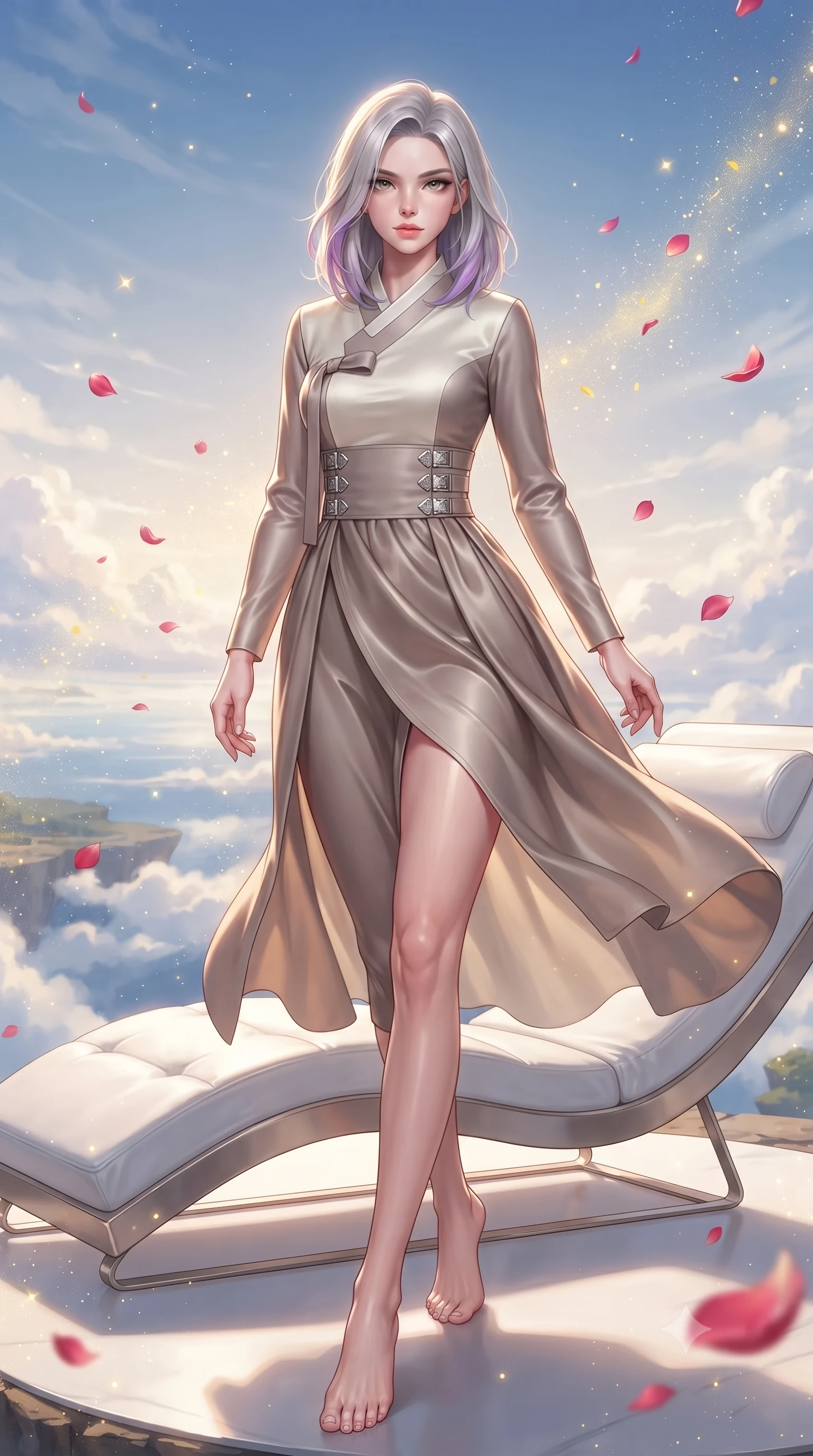 score_9, masterpiece, best quality, ultra-detailed, high-budget anime keyframe, editorial fashion photography, tasteful artistic composition, Caucasian woman. low angle full-body shot from head to toe showing her feet, filling the entire 9:16 vertical frame with her statuesque presence, stretching her vertical silhouette. stepping forward with proud posture, filling the vertical frame with her magnetic presence resting on a luxurious white lounge chair overlooking a floating sky island, floating rose petals and golden dust motes sparkling in the air. She has an absolutely perfect, statuesque 8.5-heads proportion, an exceptionally tall and slender model-like female figure with impossibly long slender legs and an ultra-slim waist. sharp v-shaped jawline, high-bridge nose, intricate jewel-like eyes with depth, thick eyelashes, glossy lips with a natural sheen. wearing a modern fusion silk hanbok dress with a structured bodice in muted taupe and soft ivory, crafted from smooth liquid silk, detailed with polished silver buckles along the waistline, the sleek second-skin texture accentuating her magnetic presence. lit by brilliant warm key light softening into smooth, elegant gradients. highly saturated vibrant anime colors, detailed shading with soft gradients, rich glossy textures, high-contrast stereoscopic depth, volumetric dynamic lighting, master piece, 9:16 ratio