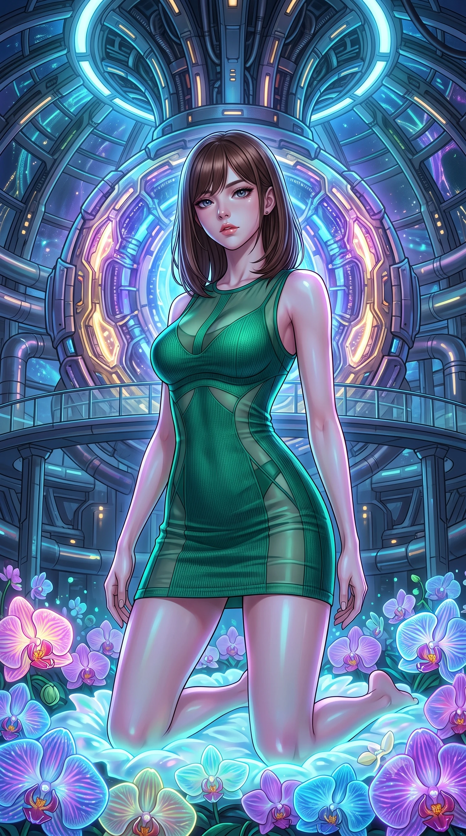 score_9, masterpiece, best quality, ultra-detailed, High-budget Anime Keyframe, East Asian woman. Low angle cowboy shot filling the entire 9:16 frame with her statuesque presence. Scenario 434: kneeling on a soft bed of glowing neon orchids under a secret bio-dome containing a giant glowing fusion reactor. Her presence is magnetic and overpowering in this high-budget anime scene. Outfit 434: a body-hugging emerald green bodycon knit mini dress featuring layered translucent panels over a sleek slip dress. The clothing is designed to emphasize her exceptionally tall and slender 8-heads proportion. 8-heads proportion, towering silhouette, ultra-slim waist. sharp v-shaped jawline, intricate jewel-like eyes with depth, thick eyelashes, glossy lips. 2k, ultra detail, master piece, 9:16 ratio