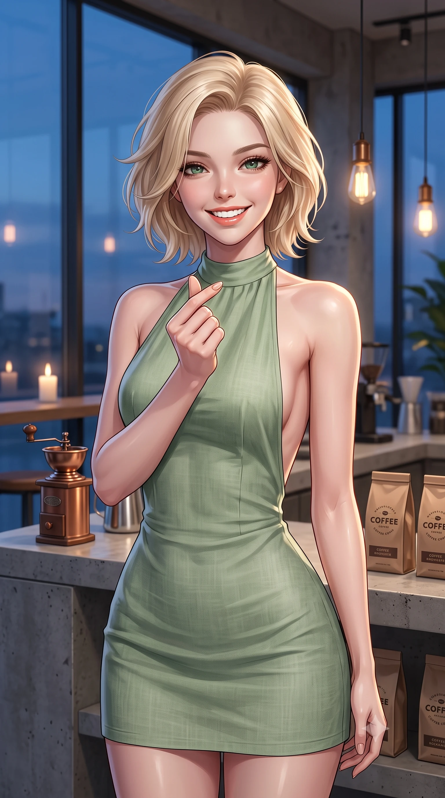 score_9, masterpiece, best quality, ultra-detailed, high-budget anime keyframe, editorial fashion photography, tasteful artistic composition, Caucasian woman. close-up cowboy shot from the waist and thighs up, the character dominates the composition, filling the frame with her large presence, background elements kept in soft focus. flashing a bright, sunny grin, holding her fingers in a cute small heart shape set against a soft-focus background of inside a modern minimalist espresso bar with sleek glass windows and concrete counters with a vintage coffee grinder and bags of coffee beans on the counter behind her. She has an exceptionally elegant, slender, and willowy female figure with an ultra-slim waist, a gracefully sculpted slender torso, and a refined silhouette. sharp v-shaped jawline, high-bridge nose, intricate jewel-like eyes with depth, thick eyelashes, glossy lips with a natural sheen. wearing tailored backless linen halter dress in sage green, showing her elegant shoulder lines. soft candle glow and warm pendant lights clashing with the cool blue dusk sky. ultra-reflective glossy finish, specular highlights, metallic sheen, high-contrast stereoscopic depth, volumetric dynamic lighting, 2k, ultra detail, master piece, 9:16 ratio