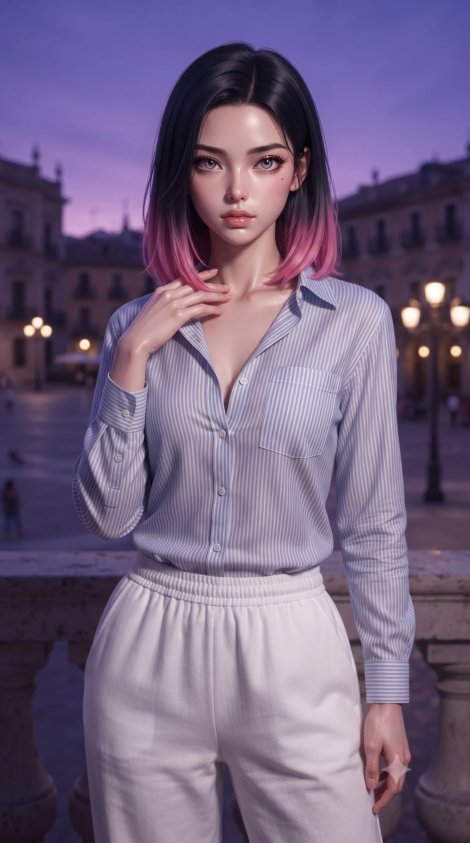 score_9, masterpiece, best quality, ultra-detailed, high-budget anime keyframe, editorial fashion photography, tasteful artistic composition, Korean woman. close-up cowboy shot from the waist and thighs up, the character dominates the composition, filling the frame with her large presence, background elements kept in soft focus. standing with one hand resting on her collarbone, looking at the viewer with bedroom-eyes the background shows a soft-focus a scenic terrace of an opera house overlooking a historic European city plaza at dusk. She has an exceptionally elegant, slender, and willowy female figure with an ultra-slim waist, a gracefully sculpted slender torso, and a refined silhouette. sharp v-shaped jawline, high-bridge nose, intricate jewel-like eyes with depth, thick eyelashes, glossy lips with a natural sheen. wearing a body-hugging soft striped linen button-down shirt and relaxed-fit white cotton lounge pants. deep violet twilight sky glow contrasting with the warm lights of the streetlamps. ultra-reflective glossy finish, specular highlights, metallic sheen, high-contrast stereoscopic depth, volumetric dynamic lighting, 2k, ultra detail, master piece, 9:16 ratio