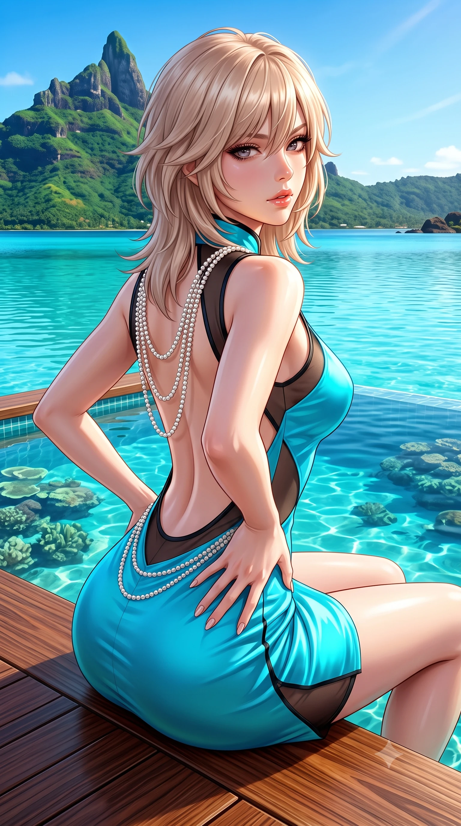 score_9, masterpiece, best quality, ultra-detailed, high-budget anime keyframe, semi-realistic 3D game render, editorial fashion photography, tasteful artistic composition, Japanese woman. close-up cowboy shot from the waist and thighs up, the character dominates the composition, filling the frame with her large presence. resting one manicured hand delicately on her hip bone, her upper body turning in a fluid, seductive S-curve while parted lips glisten in the light while sitting on the edge of a sunken overwater lounge, arching her lower back as emerald Mount Otemanu towers across the crystal turquoise lagoon. The surrounding environment is rendered in vivid detail and crisp panoramic clarity. sharp polished ironwood deck grain, clear coral reef formations visible through glass-clear water, and volcanic rock ridges in deep focus. She has an exceptionally elegant, slender, and willowy female figure with an ultra-slim waist, flat toned midriff, narrow ribcage, and sculpted feminine hips creating an alluring, slim hourglass silhouette without bulk. sharp v-shaped jawline, high-bridge nose, intricate jewel-like eyes with depth, thick eyelashes, glossy parted lips with a natural sheen, intensely captivating and seductive bedroom-eyes expression, flawlessly proportioned anatomical accuracy, strict slender model proportions, natural body alignment, perfectly sculpted long slender limbs, ultra-slim waistline, clean dynamic posture without body distortion. wearing a wet-look silk fusion wrap dress with asymmetrical sheer mesh cutouts and high Mandarin collar in neon electric cyan and lacquer black, made of fluid silk crepe with delicate inner corsetry boning, accented with a multi-strand pearl back necklace cascading down her bare spine to her hips, the dramatically scooped open back descending to the base of her spine, accentuating her razor-sharp statuesque lines and slim hourglass silhouette. bathed in brilliant South Pacific golden afternoon sunlight and vibrant turquoise water bounce fill. highly saturated vibrant anime colors, detailed shading with soft gradients, rich glossy textures, high-contrast stereoscopic depth, volumetric dynamic lighting, master piece, 9:16 ratio