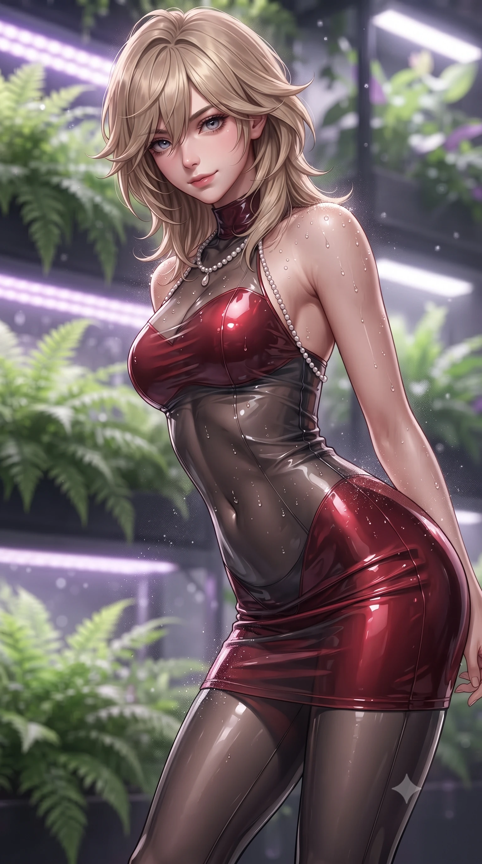 score_9, masterpiece, best quality, ultra-detailed, high-budget anime keyframe, editorial fashion photography, tasteful artistic composition, Japanese woman. close-up cowboy shot from the waist and thighs up, the character dominates the composition, filling the frame with her large presence. leaning forward while arching her lower back to accentuate her curvy hips, looking into the camera with an intoxicating smoldering gaze and bedroom-eyes while twisting her slender torso in an alluring S-curve, mist nozzles spraying fine dewdrops across her bare shoulders, midriff, and hips. The background shows a soft-focus multi-story living vertical gardens with lush ferns, pulsed ultraviolet grow-lights, and misty air blurred into chartreuse, violet, and silver bokeh. She has an exceptionally elegant, slender, and willowy female figure with an ultra-slim waist, flat toned midriff, narrow ribcage, and sculpted feminine hips creating an alluring, slim hourglass silhouette without bulk. sharp v-shaped jawline, high-bridge nose, sparkling eyes with hypnotic seductive depth, thick curled eyelashes, glossy parted lips with a natural dewy peach sheen, alluring bedroom-eyes with an enchanting coquettish smile, exuding magnetic siren charisma and sophisticated glamour, flawlessly proportioned anatomical accuracy, strict slender model proportions, natural body alignment, perfectly sculpted long slender limbs, ultra-slim waistline, clean dynamic posture without body distortion. wearing a provocative high-neck sheer illusion cocktail dress with liquid satin ribbons contouring her curves in rich cherry lacquer and smoky charcoal, crafted from wet-look high-gloss vinyl fabric with dazzling specular surface reflections, accented with a pearl-drop body harness subtly framing her dewy collarbones and spine, the glove-like clinging cut tightly following the natural contour of her hips and long slender legs with youthful 8.5-heads elegance. bathed in specialized ultraviolet and cool daylight grow-lighting arrays mixed with bridge floor LED strips. ultra-reflective glossy finish, specular highlights, rich textural contrasts, high-contrast stereoscopic depth, volumetric dynamic lighting, 2k, ultra detail, master piece, 9:16 ratio