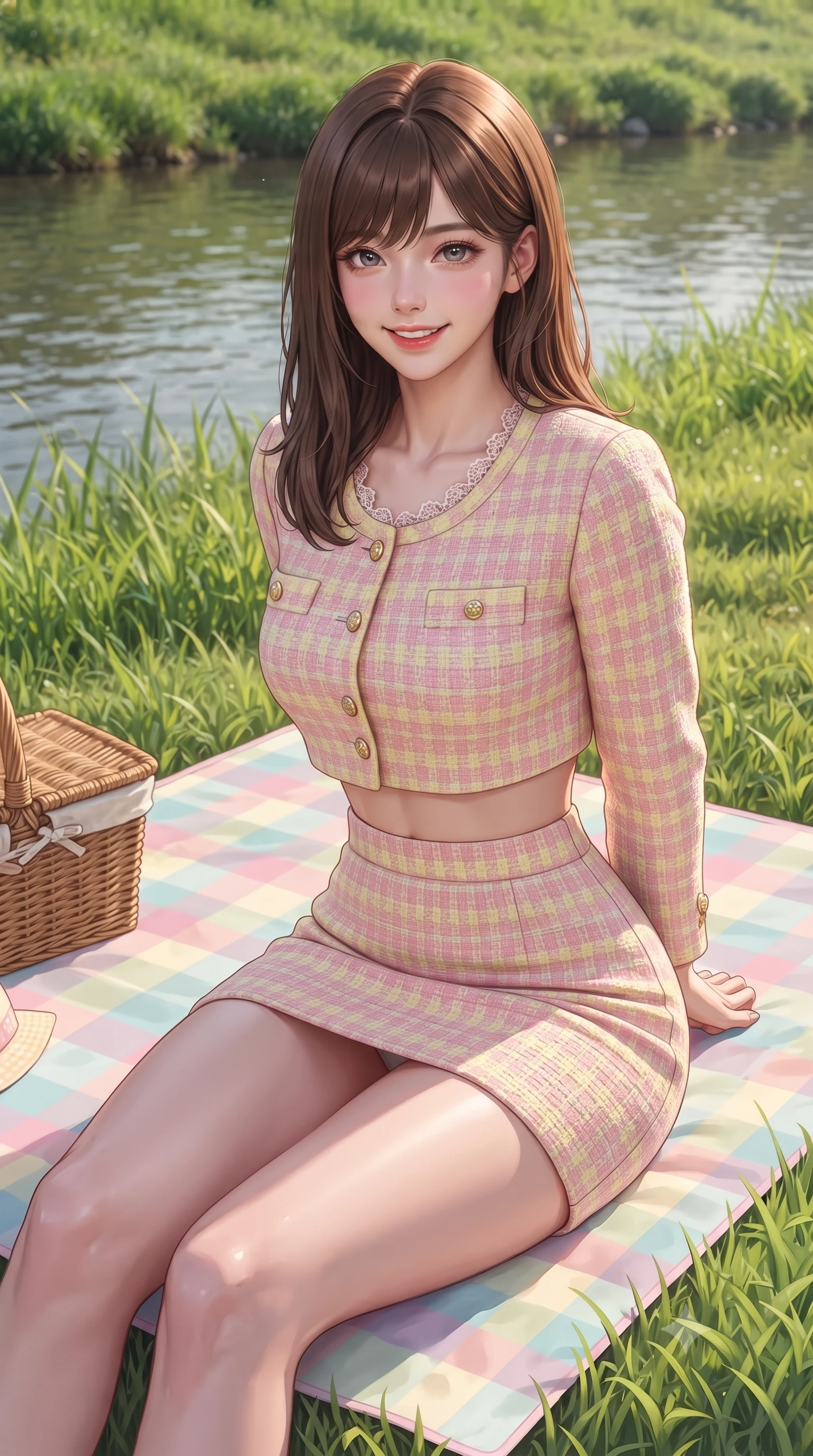 score_9, masterpiece, best quality, ultra-detailed, high-budget anime keyframe, editorial fashion photography, tasteful artistic composition, Korean woman. close-up cowboy shot from the waist and thighs up, the character dominates the composition, filling the frame with her large presence. resting both hands lightly behind her back while leaning toward the lens with a cheerful, teasing grin, her form-fitting outfit hugging her narrow waist and feminine hip curve while sitting gracefully on a pastel checkered picnic mat on the green riverside lawn, arching her lower back with a playful, beaming smile. The surrounding environment is rendered in vivid detail and crisp panoramic clarity. sharp grass blade textures, picnic basket wicker weave, and river water surface tension in deep focus. She has an exceptionally elegant, slender, and willowy female figure with an ultra-slim waist, flat toned midriff, narrow ribcage, and sculpted feminine hips creating an alluring, slim hourglass silhouette without bulk. sharp v-shaped jawline, high-bridge nose, intricate jewel-like sparkling eyes with depth, thick eyelashes, glossy parted lips with a natural peach sheen, bright cheerful beaming smile with an enchanting and coquettish sensual glint, exuding both youthful cute charm and seductive allure, flawlessly proportioned anatomical accuracy, strict slender model proportions, natural body alignment, perfectly sculpted long slender limbs, ultra-slim waistline, clean dynamic posture without body distortion. wearing a cute pastel tweed two-piece set with a cropped jacket and ultra-fitted high-waisted mini skirt tracing her hips in sweet strawberry milk pink and butter yellow, crafted from liquid-tight stretch jersey emphasizing every curve, finished with delicate lace scallop edging along the neckline, the high-waisted tailoring accentuating her ultra-slim waistline and the enchanting curve of her feminine hips with alluring charm. illuminated by warm grass bounce light contouring her sculpted collarbones, ultra-slim waist, and curvy hips. ultra-reflective glossy finish, specular highlights, rich textural contrasts, high-contrast stereoscopic depth, volumetric dynamic lighting, 2k, ultra detail, master piece, 9:16 ratio