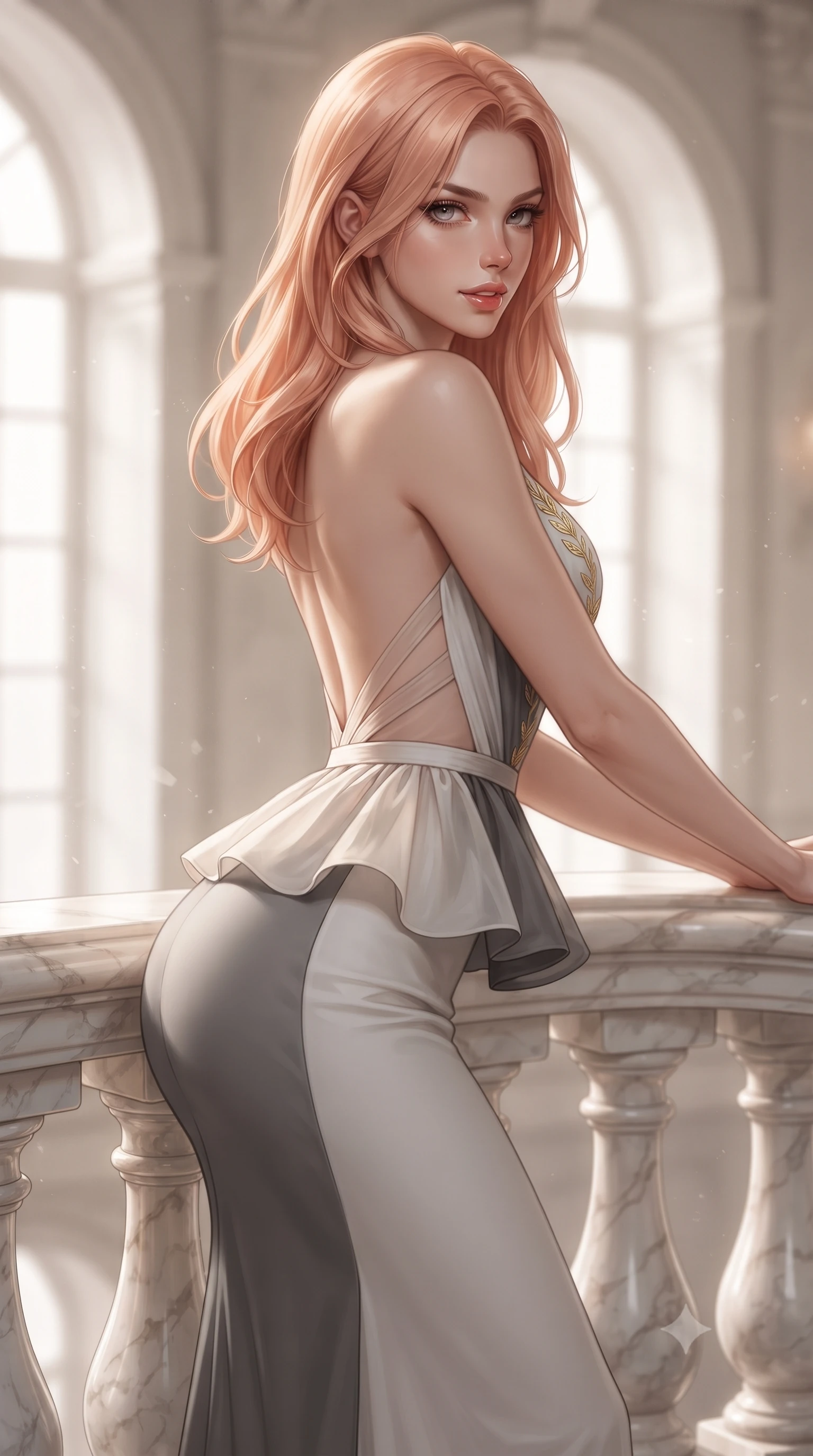 score_9, masterpiece, best quality, ultra-detailed, high-budget anime keyframe, editorial fashion photography, tasteful artistic composition, Japanese woman. close-up cowboy shot from the waist and thighs up, the character dominates the composition, filling the frame with her large presence. leaning forward against the polished railing with her hips cocked back, creating an intoxicating curve from her narrow waist to sculpted hips as she gazes back into the lens while leaning forward over a sculpted marble balustrade with lower back arched, looking over her bare shoulder with parted glossy lips. The composition keeps background elements in soft focus with creamy bokeh. soaring arched studio windows and drifting marble dust softened in classical artistic shallow focus. She has an exceptionally elegant, slender, and willowy female figure with an ultra-slim waist, a gracefully sculpted slender torso, toned flat midriff, and rounded feminine hips creating an alluring hourglass silhouette. sharp v-shaped jawline, high-bridge nose, intricate jewel-like eyes with depth, thick eyelashes, glossy parted lips with a natural sheen, intensely captivating and seductive bedroom-eyes expression, flawlessly proportioned anatomical accuracy, strict slender model proportions, natural body alignment, perfectly sculpted long slender limbs, ultra-slim waistline, clean dynamic posture without body distortion. wearing a structural geometric peplum gown with sheer side-ribbon cutouts and form-fitting skirt in plaster chalk white and charcoal grey, woven from layered gossamer chiffon with a weightless sweeping drape, finished with delicate golden leaf embroidery outlining the plunging neckline, the glove-like aerodynamic silhouette tightly following the natural contour of her hips and long slender legs with statuesque precision. surrounded by a divine, timeless, and breathtakingly majestic living sculpture goddess aura. ultra-reflective glossy finish, specular highlights, rich textural contrasts, high-contrast stereoscopic depth, volumetric dynamic lighting, 2k, ultra detail, master piece, 9:16 ratio