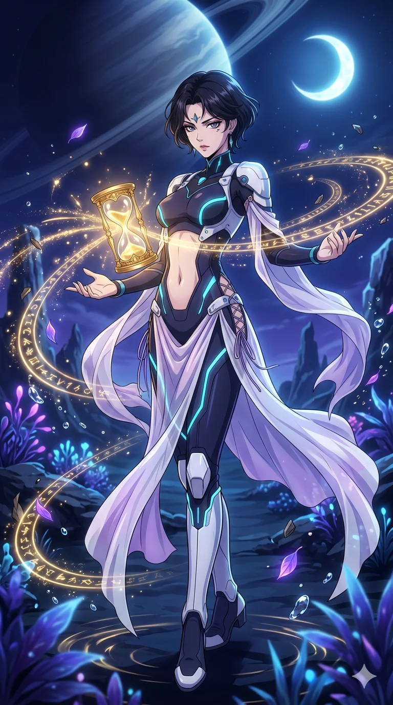 score_9, masterpiece, best quality, ultra-detailed, High-budget Anime Keyframe, vibrant colors, fluid line-art, expressive lighting, cinematic composition, Ufotable-style visual effects, top-tier animation quality, Korean woman with idol-like refined features. Dynamic full-body shot stretching the vertical silhouette, capturing her from a powerful low-angle perspective. Controlling the flow of time itself with an ornate golden hourglass, the world around her slowing to a complete standstill. She has an absolutely perfect 8-heads proportion, an exceptionally tall and slender female figure with impossibly long slender legs and an ultra-slim waist, her statuesque height and towering silhouette dominating the vertical 9:16 frame. Her face is a masterpiece featuring a sharp v-shaped jawline, high-bridge nose, intricate jewel-like eyes with depth, thick eyelashes, and glossy lips with a natural sheen. She is wearing a Futuristic pilot suit with an exposed midriff and a high-cut structural frame crafted from Sheer silk that is almost transparent, flowing like water around her statuesque frame, featuring a deep plunging neckline and delicate lace-up side details. The scene is set in a mysterious alien planet with bioluminescent purple flora and a giant ringed planet in the sky, illuminated by ethereal moonlight filtering through a crystalline canopy, creating soft highlights. 2k, ultra detail, master piece, 9:16 ratio
