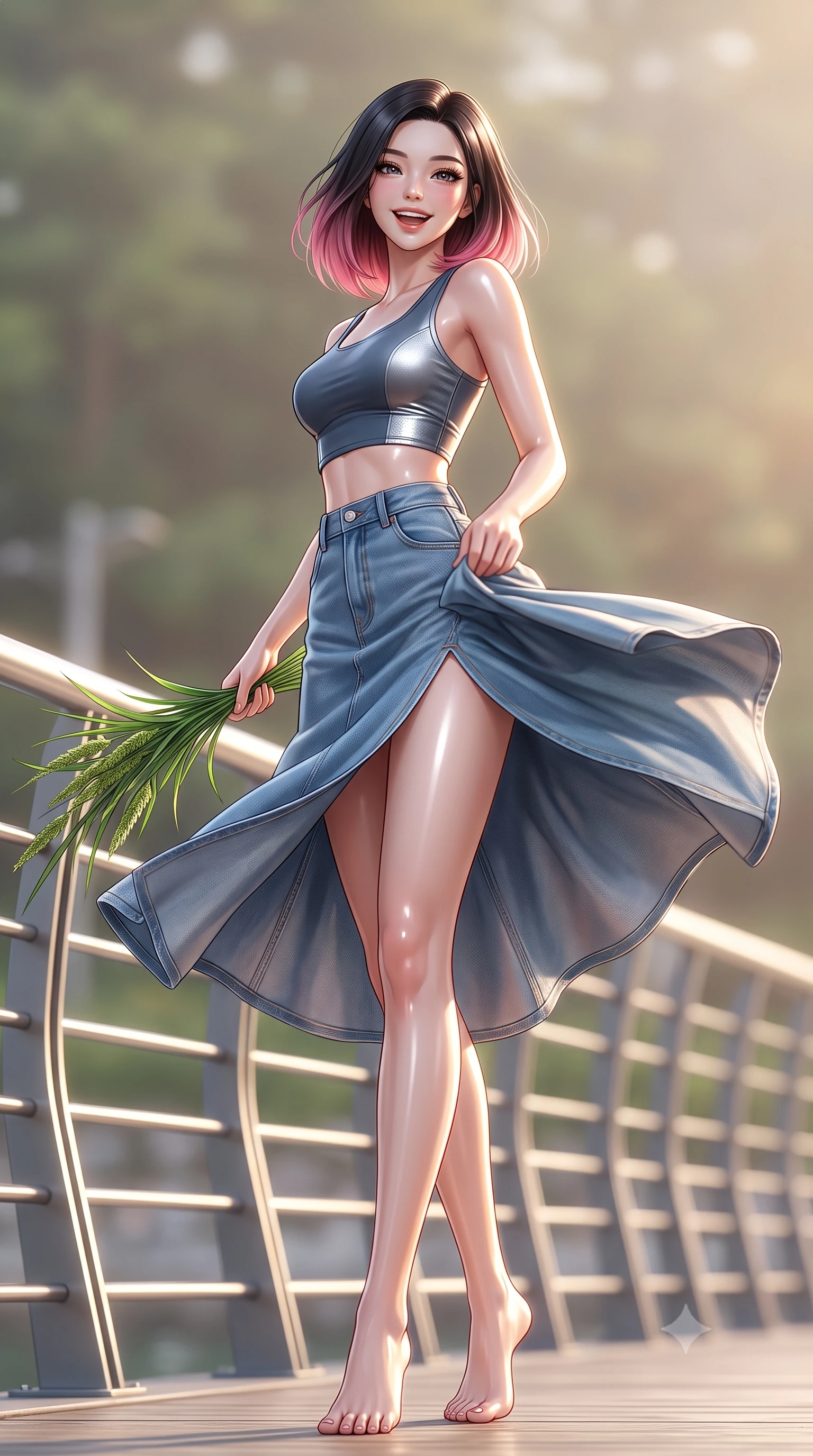 score_9, masterpiece, best quality, ultra-detailed, high-budget anime keyframe, editorial fashion photography, tasteful artistic composition, Korean woman. low angle full-body shot from head to toe showing her feet, filling the entire 9:16 vertical frame with her statuesque presence, stretching her vertical silhouette. twirling around with a playful, cute laugh, her skirt billowing beautifully in the air set against a soft-focus background of walking along a modern riverside boardwalk with metal railings holding a bunch of fresh river reeds with a happy, cute expression. She has an absolutely perfect, statuesque 8.5-heads proportion, an exceptionally tall and slender model-like female figure with impossibly long slender legs and an ultra-slim waist. sharp v-shaped jawline, high-bridge nose, intricate jewel-like eyes with depth, thick eyelashes, glossy lips with a natural sheen. wearing form-contouring stylish crop top paired with a high-slit denim midi skirt. soft afternoon sunbeams creating a peaceful, quiet country atmosphere. ultra-reflective glossy finish, specular highlights, metallic sheen, high-contrast stereoscopic depth, volumetric dynamic lighting, 2k, ultra detail, master piece, 9:16 ratio