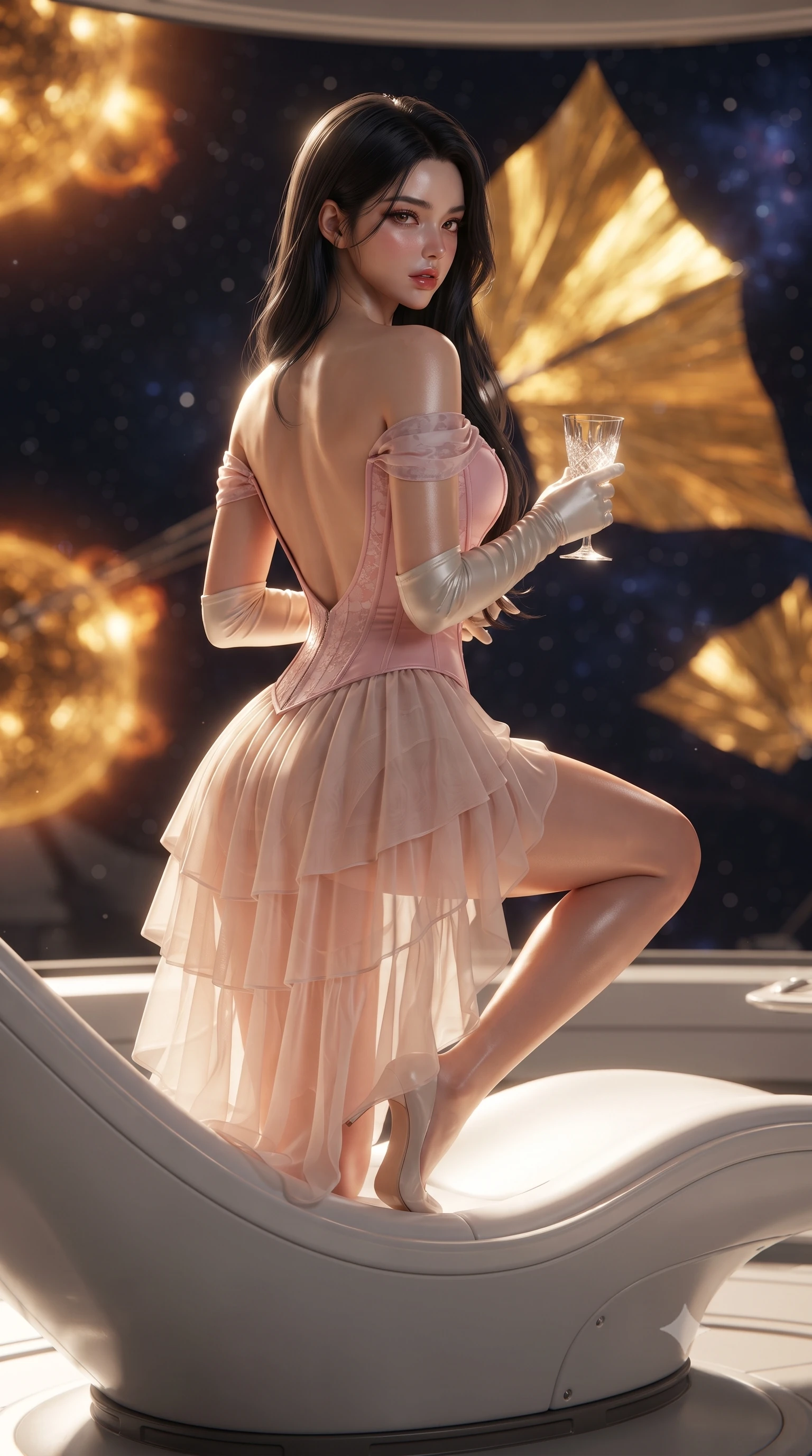 score_9, masterpiece, best quality, ultra-detailed, high-budget anime keyframe, editorial fashion photography, tasteful artistic composition, Korean woman. close-up cowboy shot from the waist and thighs up, the character dominates the composition, filling the frame with her large presence. twisting her slender torso in a deep contrapposto stance, hips dramatically shifted to accentuate her feminine curves while looking past her shoulder with smoldering bedroom-eyes while perching on the rim of a white composite observation lounger, arching her lower back as a colossal golden solar sail billows majestically against the starlit void. The composition keeps background elements in soft focus with creamy bokeh. billowing micro-thin golden solar sails and distant solar prominences blurred into shimmering amber, molten gold, and deep cosmic indigo bokeh. She has an exceptionally elegant, slender, and willowy female figure with an ultra-slim waist, flat toned midriff, narrow ribcage, and sculpted feminine hips creating an alluring, slim hourglass silhouette without bulk. sharp v-shaped jawline, high-bridge nose, intricate jewel-like eyes with depth, thick eyelashes, glossy parted lips with a natural sheen, intensely captivating and seductive bedroom-eyes expression, flawlessly proportioned anatomical accuracy, strict slender model proportions, natural body alignment, perfectly sculpted long slender limbs, ultra-slim waistline, clean dynamic posture without body distortion. wearing an off-shoulder French court corset bodice dress paired with a tiered translucent chiffon slit skirt in sakura blossom pink and warm ivory, tailored from water-resistant treated wool gabardine and flexible stretch silk, accessorized with opera-length satin gloves and a vintage crystal glass, the dramatically scooped open back descending to the base of her spine, accentuating her razor-sharp statuesque lines and slim hourglass silhouette. bathed in glorious molten golden solar radiation backlighting filtered through high-tech polarized glass. ultra-reflective glossy finish, specular highlights, rich textural contrasts, high-contrast stereoscopic depth, volumetric dynamic lighting, 2k, ultra detail, master piece, 9:16 ratio