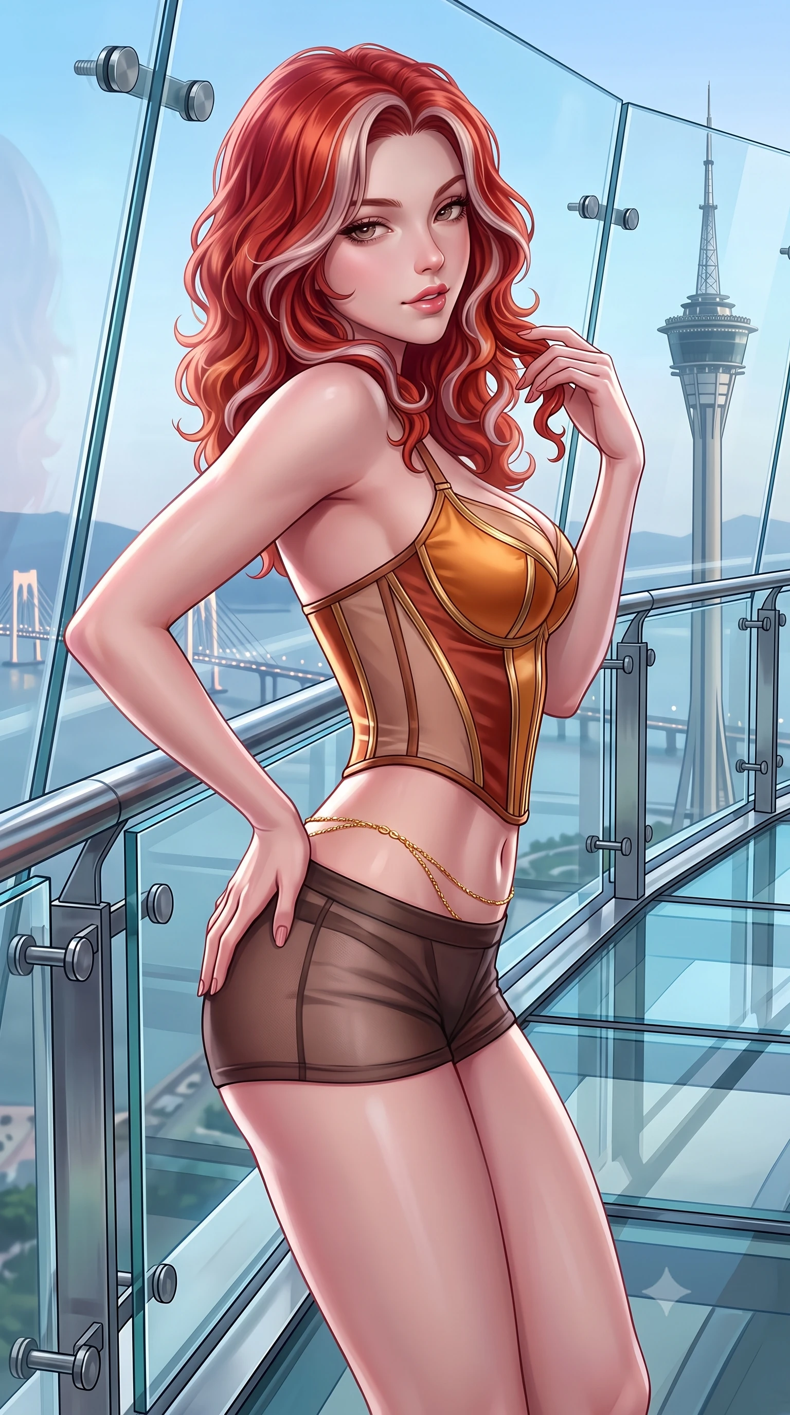 score_9, masterpiece, best quality, ultra-detailed, high-budget anime keyframe, semi-realistic 3D game render, editorial fashion photography, tasteful artistic composition, Caucasian woman. close-up cowboy shot from the waist and thighs up, the character dominates the composition, filling the frame with her large presence. twisting her slender torso in an alluring contrapposto stance, one hand resting on her sculpted hip while her fingers toy with her hair with effortless poise while leaning against the glass balustrade with hips cocked back, looking over a bare shoulder toward the needle spire of Macau Tower. The surrounding environment is rendered in vivid detail and crisp panoramic clarity: sharp glass floor panel seams, stainless steel spider clamps, and distant bridge cable lights in deep focus. She has an exceptionally elegant, slender, and willowy female figure with an ultra-slim waist, flat toned midriff, narrow ribcage, and sculpted feminine hips creating an alluring, slim hourglass silhouette without bulk. sharp v-shaped jawline, high-bridge nose, sparkling eyes with hypnotic seductive depth, thick curled eyelashes, glossy parted lips with a natural dewy peach sheen, alluring bedroom-eyes with an enchanting coquettish smile, exuding magnetic siren charisma and sophisticated glamour, flawlessly proportioned anatomical accuracy, strict slender model proportions, natural body alignment, perfectly sculpted long slender limbs, ultra-slim waistline, clean dynamic posture without body distortion. wearing a structured boned satin corset bodice with sheer illusion side panels paired with low-waisted tailored micro-shorts in warm amber honey and antique terracotta with gilded bronze, made of semi-opaque stretch illusion mesh with soft shadowy contours, accented with a dainty gold belly chain resting across her flat midriff and curving hips, the form-contouring silhouette accentuating her sculpted flat midriff, narrow delicate ribcage, and gracefully curvy hips with intoxicating allure. illuminated by glass reflection bounce and sharp platinum rim lights defining her razor-sharp jawline, narrow waist, and curvy hips. highly saturated vibrant anime colors, detailed shading with soft gradients, rich glossy textures, high-contrast stereoscopic depth, volumetric dynamic lighting, master piece, 9:16 ratio