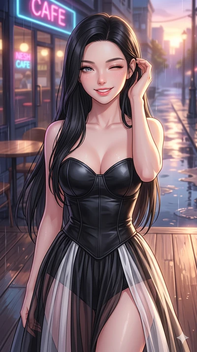 score_9, masterpiece, best quality, ultra-detailed, high-budget anime keyframe, vibrant anime aesthetic, Korean woman. close-up cowboy shot from the waist and thighs up, the character dominates the composition, filling the frame with her large presen