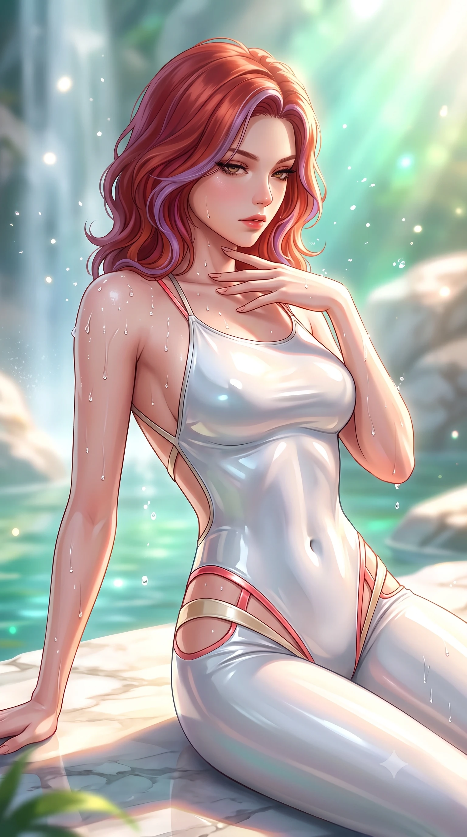 score_9, masterpiece, best quality, ultra-detailed, high-budget anime keyframe, semi-realistic 3D game render, editorial fashion photography, tasteful artistic composition, Caucasian woman. close-up cowboy shot from the waist and thighs up, the character dominates the composition, filling the frame with her large presence. resting her fingers lightly against her throat while looking down with a smoldering, haughty yet intensely captivating glance while reclining along a sunlit marble rock pool as clear cascading water droplets glisten across her bare shoulders. The composition keeps background elements in soft focus with creamy bokeh. sparkling water droplets scattering bright morning sun motes across a serene backdrop. She has an exceptionally elegant, slender, and willowy female figure with an ultra-slim waist, a gracefully sculpted slender torso, toned flat midriff, and a refined slim silhouette. sharp v-shaped jawline, high-bridge nose, intricate jewel-like eyes with depth, thick eyelashes, glossy lips with a natural sheen, flawlessly proportioned anatomical accuracy, strict slender model proportions, natural body alignment, perfectly sculpted long slender limbs, ultra-slim waistline, clean dynamic posture without body distortion. wearing a second-skin white liquid-mercury micro-bodysuit sculpted tightly to her slender build, featuring razor-thin metallic straps and hip cutouts in radiant coral pink and champagne ivory, crafted from ultra-reflective second-skin latex with a high-gloss glass-like polish, complemented by criss-cross back straps highlighting her completely bare spine, the glove-like aerodynamic second-skin fit tightly clinging to her ultra-slender waist and athletic curves without adding bulk, accentuating her razor-sharp statuesque lines and slim hourglass silhouette. bathed in bright morning sunbeams penetrating waterfall mist with radiant green and cyan ambient glow. highly saturated vibrant anime colors, detailed shading with soft gradients, rich glossy textures, high-contrast stereoscopic depth, volumetric dynamic lighting, master piece, 9:16 ratio