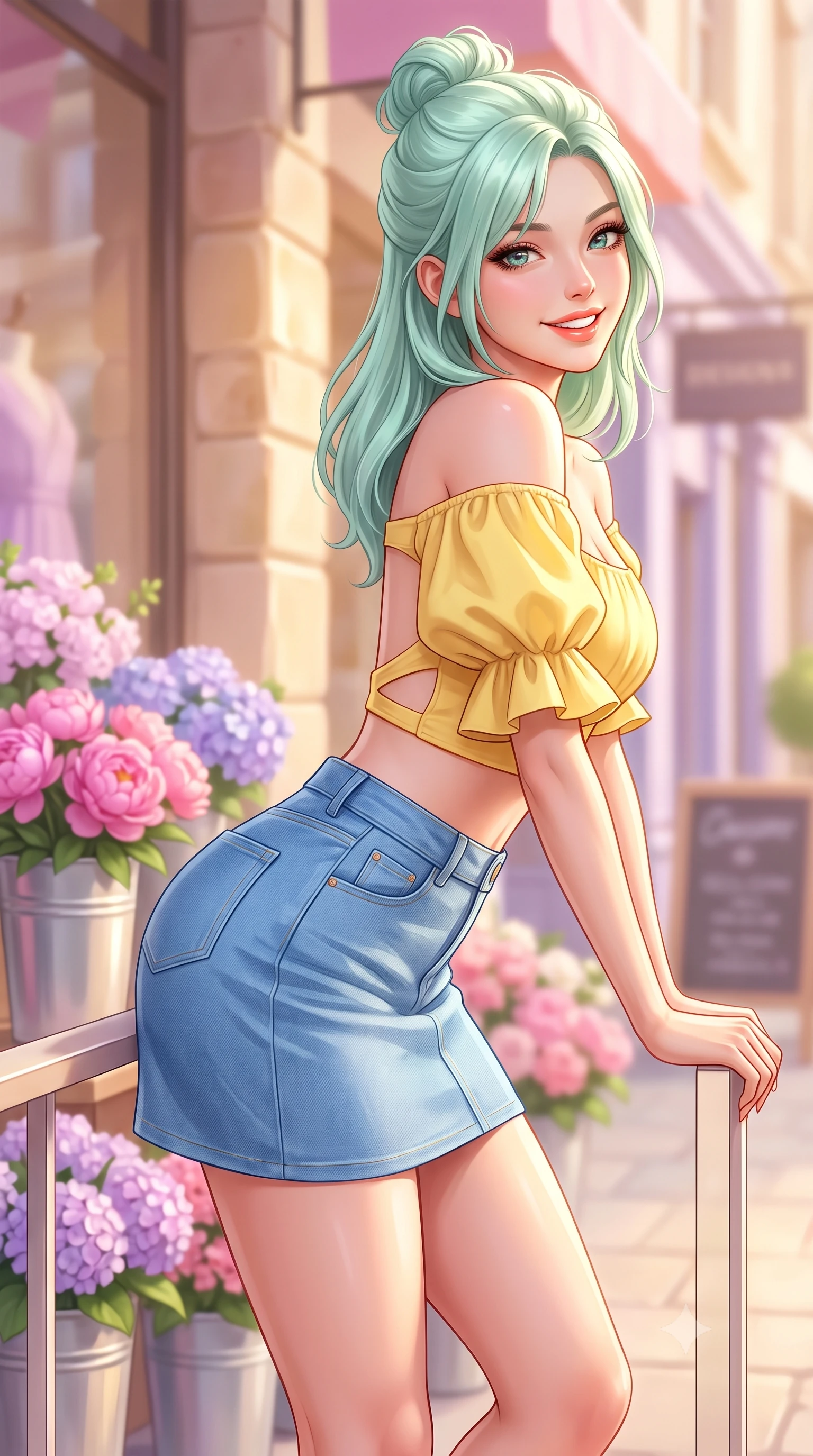 score_9, masterpiece, best quality, ultra-detailed, high-budget anime keyframe, semi-realistic 3D game render, editorial fashion photography, tasteful artistic composition, Japanese woman. close-up cowboy shot from the waist and thighs up, the character dominates the composition, filling the frame with her large presence. leaning forward with playful cute grace while arching her lower back to accentuate her curvy hips, looking into the camera with a bright cheerful smile and alluring coquettish bedroom-eyes while leaning against the minimalist boutique railing with hips cocked back, looking over a bare shoulder with a playful, seductive glint in her eyes. The composition keeps background elements in soft focus with dreamy creamy bokeh. vibrant peony and hydrangea flower buckets and chic designer storefronts blurred into pastel pink, lavender, and champagne bokeh. She has an exceptionally elegant, slender, and willowy female figure with an ultra-slim waist, flat toned midriff, narrow ribcage, and sculpted feminine hips creating an alluring, slim hourglass silhouette without bulk. sharp v-shaped jawline, high-bridge nose, intricate jewel-like sparkling eyes with depth, thick eyelashes, glossy parted lips with a natural peach sheen, bright cheerful beaming smile with an enchanting and coquettish sensual glint, exuding both youthful cute charm and seductive allure, flawlessly proportioned anatomical accuracy, strict slender model proportions, natural body alignment, perfectly sculpted long slender limbs, ultra-slim waistline, clean dynamic posture without body distortion. wearing an off-shoulder puff-sleeve crop blouse with a tight high-waisted denim A-line mini skirt emphasizing her curvy hips in sunny daffodil yellow and clear sky blue, tailored from crisp cotton poplin with clean structural lines, featuring elegant flutter sleeves and a graceful square neckline, the precision-cut side openings and low-back scoop framing her graceful spine and the sensual sweep of her slim, toned hips. bathed in glorious golden hour afternoon sunlight reflecting off warm stone facades. highly saturated vibrant anime colors, detailed shading with soft gradients, rich glossy textures, high-contrast stereoscopic depth, volumetric dynamic lighting, master piece, 9:16 ratio