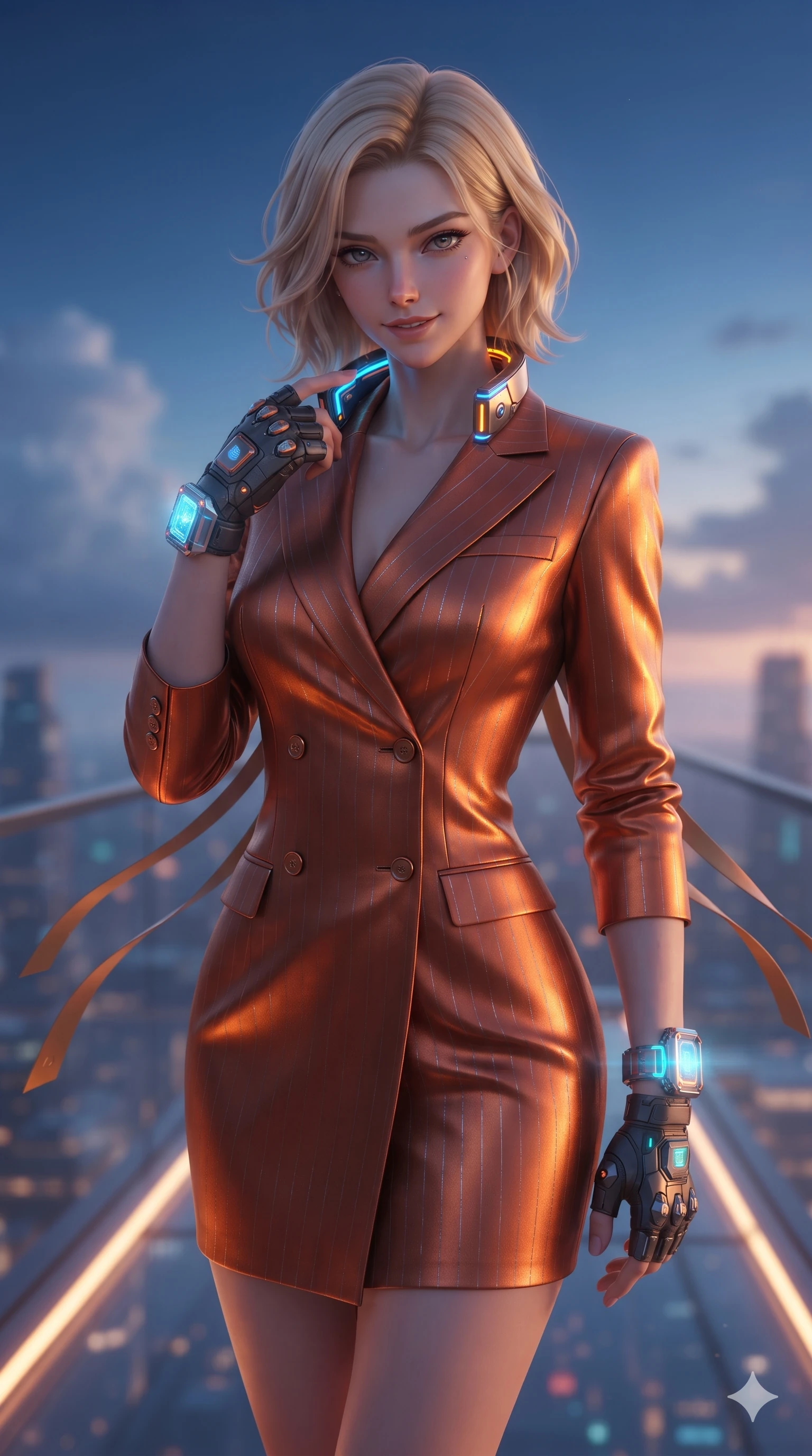 score_9, masterpiece, best quality, ultra-detailed, high-budget anime keyframe, editorial fashion photography, tasteful artistic composition, Caucasian woman. close-up cowboy shot from the waist and thighs up, the character dominates the composition, filling the frame with her large presence. tilting her head with a teasing half-smile, running one finger slowly along her glowing comm-link collar in a flirtatious gesture while standing poised at the center of the glass span, arching her lower back with sovereign supermodel grace as high-altitude winds flutter her tactical ribbons. The background shows a soft-focus high-altitude clouds softened in sci-fi diplomatic promenade shallow focus. She has an exceptionally elegant, slender, and willowy female figure with an ultra-slim waist, flat toned midriff, narrow ribcage, and sculpted feminine hips creating an alluring, slim hourglass silhouette without bulk. sharp v-shaped jawline, high-bridge nose, intricate jewel-like sparkling eyes with depth, thick eyelashes, glossy parted lips with a natural sheen, bright confident smile with an enchanting and coquettish sensual glint, exuding both youthful magnetic charm and sovereign high-tech allure, flawlessly proportioned anatomical accuracy, strict slender model proportions, natural body alignment, perfectly sculpted long slender limbs, ultra-slim waistline, clean dynamic posture without body distortion. wearing a tailored double-breasted cyber-operative blazer dress with subtle metallic pin-stripes and structured lapels in fiery geothermal copper and molten amber glow, tailored from brushed aeronautical titanium alloy with matte satin sheen, complemented by fingerless armored tactical gloves and a glowing holographic wrist terminal, the impeccably tailored cut draping gracefully along her slender figure with aristocratic poise. bathed in the ethereal twilight skyglow combined with warm under-rail LED strip lighting and glittering city reflections from below. ultra-reflective glossy finish, specular highlights, rich textural contrasts, high-contrast stereoscopic depth, volumetric dynamic lighting, 2k, ultra detail, master piece, 9:16 ratio