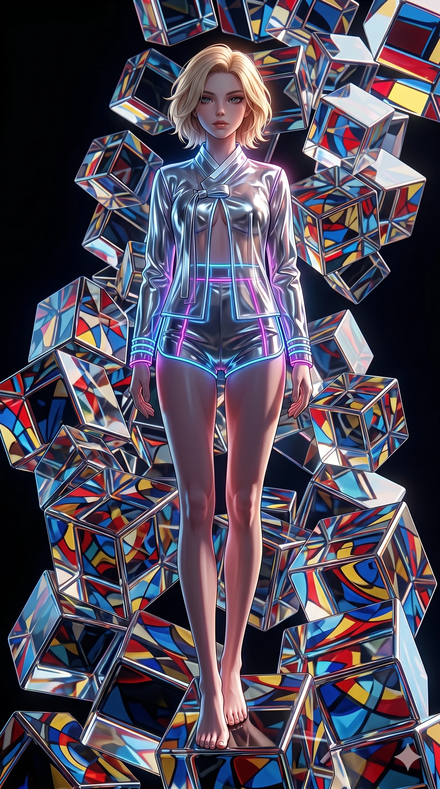 score_9, masterpiece, best quality, ultra-detailed, high-budget anime keyframe, Caucasian woman, strictly human ears. low angle full-body shot filling the entire 9:16 frame with her statuesque presence, stretching the vertical silhouette. balancing on cubist glass blocks that cascade like a waterfall, reflecting complex mosaic patterns and primary colors. She has an absolutely perfect 8-heads proportion, an exceptionally tall and slender female figure with impossibly long slender legs and an ultra-slim waist. V-shaped jawline, high-bridge nose, intricate jewel-like eyes with depth, thick eyelashes, glossy lips with a natural sheen.. wearing a vinyl liquid mercury fusion hanbok, featuring a translucent chrome-silver vinyl jeogori and high-waist micro-shorts, detailed with glowing neon wire trims and a tasteful chest slit. accented by dynamic color-blocked lighting with high-contrast shadows emphasizing her statuesque height. 2k, ultra detail, master piece, 9:16 ratio