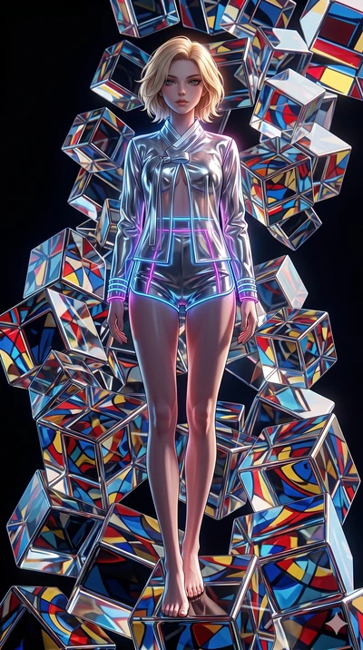score_9, masterpiece, best quality, ultra-detailed, high-budget anime keyframe, Caucasian woman, strictly human ears. low angle full-body shot filling the entire 9:16 frame with her statuesque presence, stretching the vertical silhouette. balancing o