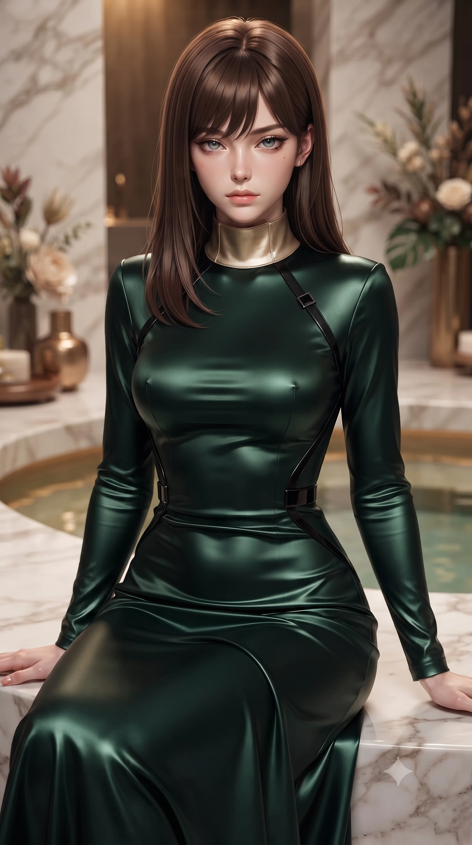 score_9, masterpiece, best quality, ultra-detailed, high-budget anime keyframe, editorial fashion photography, tasteful artistic composition, Korean woman. close-up cowboy shot from the waist and thighs up, the character dominates the composition, filling the frame with her large presence, background elements kept in soft focus. Looking down with lowered lashes and a composed, powerful dark aura, looking directly into the camera with direct, composed magnetic charisma, ultra-luxurious spa aesthetic with high-fashion editorial execution. She has an exceptionally elegant, slender, and willowy female figure with an ultra-slim waist, a gracefully sculpted slender torso, and a refined silhouette. sharp v-shaped jawline, high-bridge nose, intricate jewel-like eyes with depth, thick eyelashes, glossy lips with a natural sheen. wearing long-sleeved dark emerald satin gown with high structured collar in champagne gold, made of liquid dark mercury jersey, adorned with minimalist black onyx hardware framing the silhouette, accentuating her gracefully sculpted slender torso. lit by clear warm key rays highlighting her refined facial features. ultra-reflective glossy finish, specular highlights, metallic sheen, high-contrast stereoscopic depth, volumetric dynamic lighting, 2k, ultra detail, master piece, 9:16 ratio