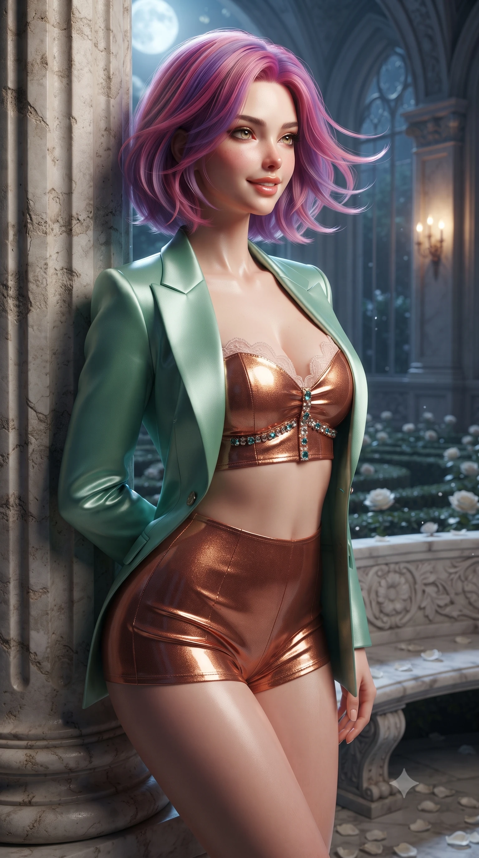 score_9, masterpiece, best quality, ultra-detailed, high-budget anime keyframe, editorial fashion photography, tasteful artistic composition, Caucasian woman. close-up cowboy shot from the waist and thighs up, the character dominates the composition, filling the frame with her large presence. turning slowly with an enchanting smoldering smile, her glossy hair tossing in the breeze as her hips angle gracefully in a captivating contrapposto while leaning against the classical limestone column with hips cocked back, looking out into the moonlit baroque rose parterre with smoldering eyes. The surrounding environment is rendered in vivid detail and crisp panoramic clarity: sharp fluted limestone column texture, carved marble bench reliefs, and delicate white rose petals in deep focus. She has an exceptionally elegant, slender, and willowy female figure with an ultra-slim waist, flat toned midriff, narrow ribcage, and sculpted feminine hips creating an alluring, slim hourglass silhouette without bulk. sharp v-shaped jawline, high-bridge nose, sparkling eyes with hypnotic seductive depth, thick curled eyelashes, glossy parted lips with a natural dewy peach sheen, alluring bedroom-eyes with an enchanting coquettish smile, exuding magnetic siren charisma and sophisticated glamour, flawlessly proportioned anatomical accuracy, strict slender model proportions, natural body alignment, perfectly sculpted long slender limbs, ultra-slim waistline, clean dynamic posture without body distortion. wearing a tailored open-front satin smoking jacket worn over a jewel-embellished bandeau and micro-shorts in Moroccan mint green and hammered copper, crafted from wet-look high-gloss vinyl fabric with dazzling specular surface reflections, finished with scalloped eyelash lace trim framing her sweetheart neckline with intimate elegance, the second-skin tailored fabric adhering flawlessly to her sculpted flat midriff and slender torso, emphasizing her long leg lines and perfectly proportioned willowy build. bathed in cool silver full moonlight pouring through soaring glass arches mixed with warm 2700K interior wall sconce glow. ultra-reflective glossy finish, specular highlights, rich textural contrasts, high-contrast stereoscopic depth, volumetric dynamic lighting, 2k, ultra detail, master piece, 9:16 ratio