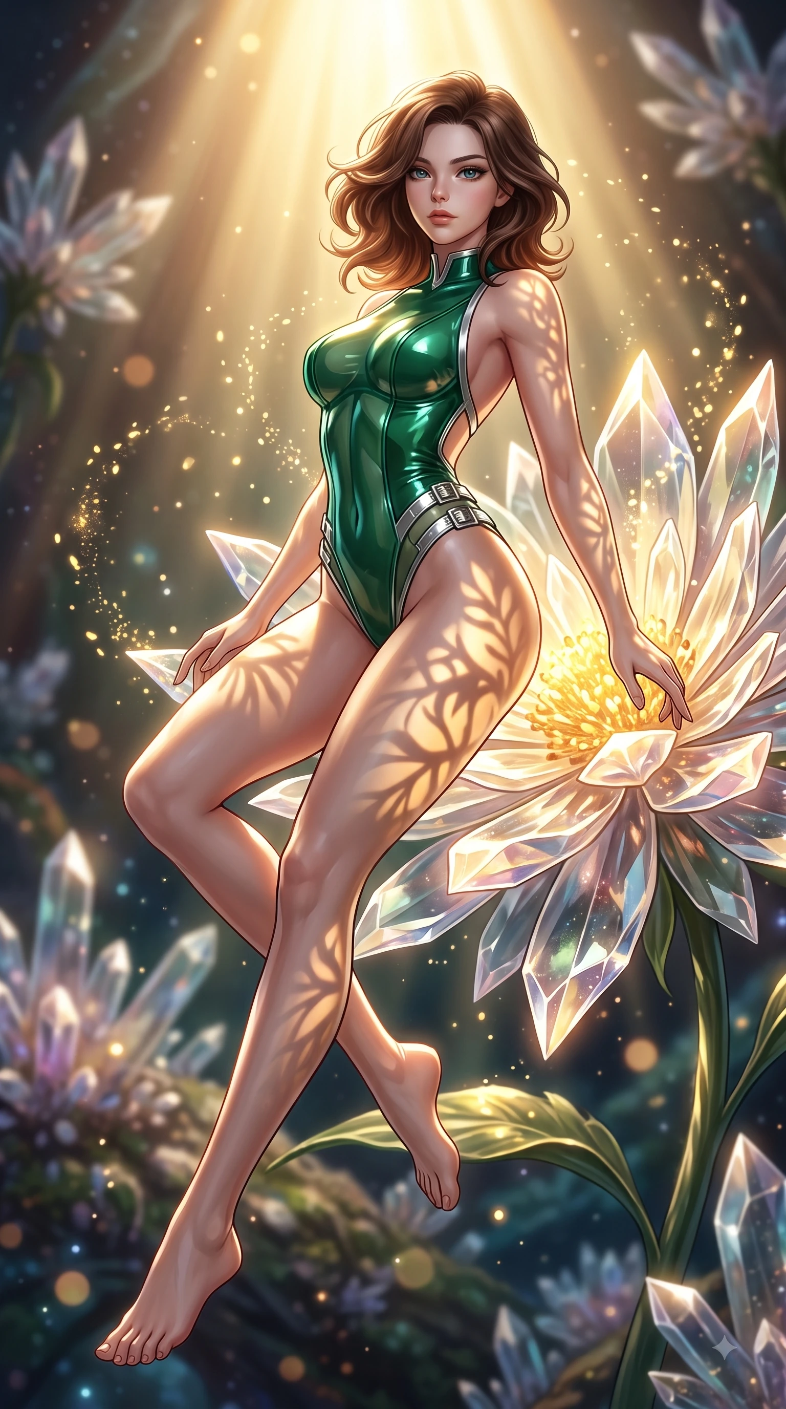 score_9, masterpiece, best quality, ultra-detailed, high-budget anime keyframe, editorial fashion photography, tasteful artistic composition, Korean woman. low angle full-body shot from head to toe showing her feet, filling the entire 9:16 vertical frame with her statuesque presence, stretching her vertical silhouette. pivoting dynamically in zero-gravity with fluid S-curve alignment, displaying her perfect model proportions while resting near a giant solar-powered crystal flower as warm sunlight illuminates her slender waist, glowing pollen particles drifting gracefully around her statuesque silhouette. She has an absolutely perfect, statuesque 8.5-heads proportion, an exceptionally tall and slender model-like female figure with impossibly long slender legs and an ultra-slim waist. sharp v-shaped jawline, high-bridge nose, intricate jewel-like eyes with depth, thick eyelashes, glossy lips with a natural sheen, flawlessly proportioned anatomical accuracy, natural body alignment, perfectly sculpted elegant limbs, clean dynamic posture without body distortion. wearing a high-cut translucent vinyl leotard with front paneling and open back in deep emerald green and silver accent, formed from sleek second-skin neoprene, detailed with polished silver buckles along the waistline, the form-contouring material highlighting her ultra-slim waist and long lines. illuminated by brilliant sunbeams casting organic leaf stencil shadows. ultra-reflective glossy finish, specular highlights, metallic sheen, high-contrast stereoscopic depth, volumetric dynamic lighting, 2k, ultra detail, master piece, 9:16 ratio
