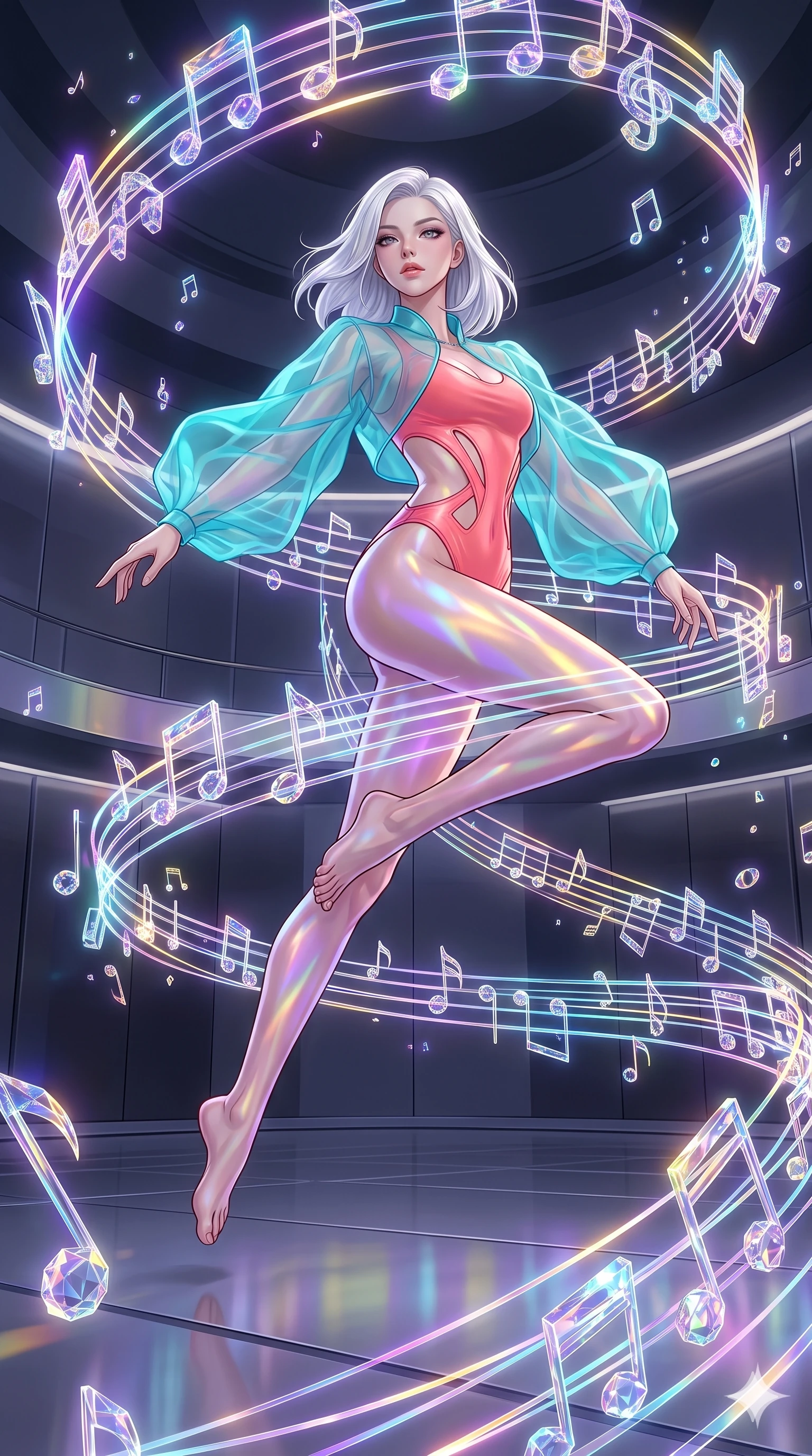 score_9, masterpiece, best quality, ultra-detailed, high-budget anime keyframe, editorial fashion photography, tasteful artistic composition, Korean woman. low angle full-body shot from head to toe showing her feet, filling the entire 9:16 vertical frame with her statuesque presence, stretching her vertical silhouette. leaping gracefully through a futuristic concert hall where holographic musical notes materialize as glowing three-dimensional objects that orbit spiral and cascade through the air in luminous trails of sound made visible. She has a statuesque 8.5-heads proportion, an exceptionally tall, slender and willowy model-like build with impossibly long legs and a highly sculpted ultra-slim waist. sharp v-shaped jawline, high-bridge nose, intricate jewel-like eyes with depth, thick eyelashes, glossy lips with a natural sheen. wearing a vibrant coral pink bodysuit with a dramatic architectural open-waist cutout, layered naturally under a sheer turquoise organza wrap shrug to accent her slender waist. brilliant multicolored holographic light from the floating musical notes casting dynamic shifting patterns of violet gold and cyan across the polished dark walls. 2k, ultra detail, master piece, 9:16 ratio
