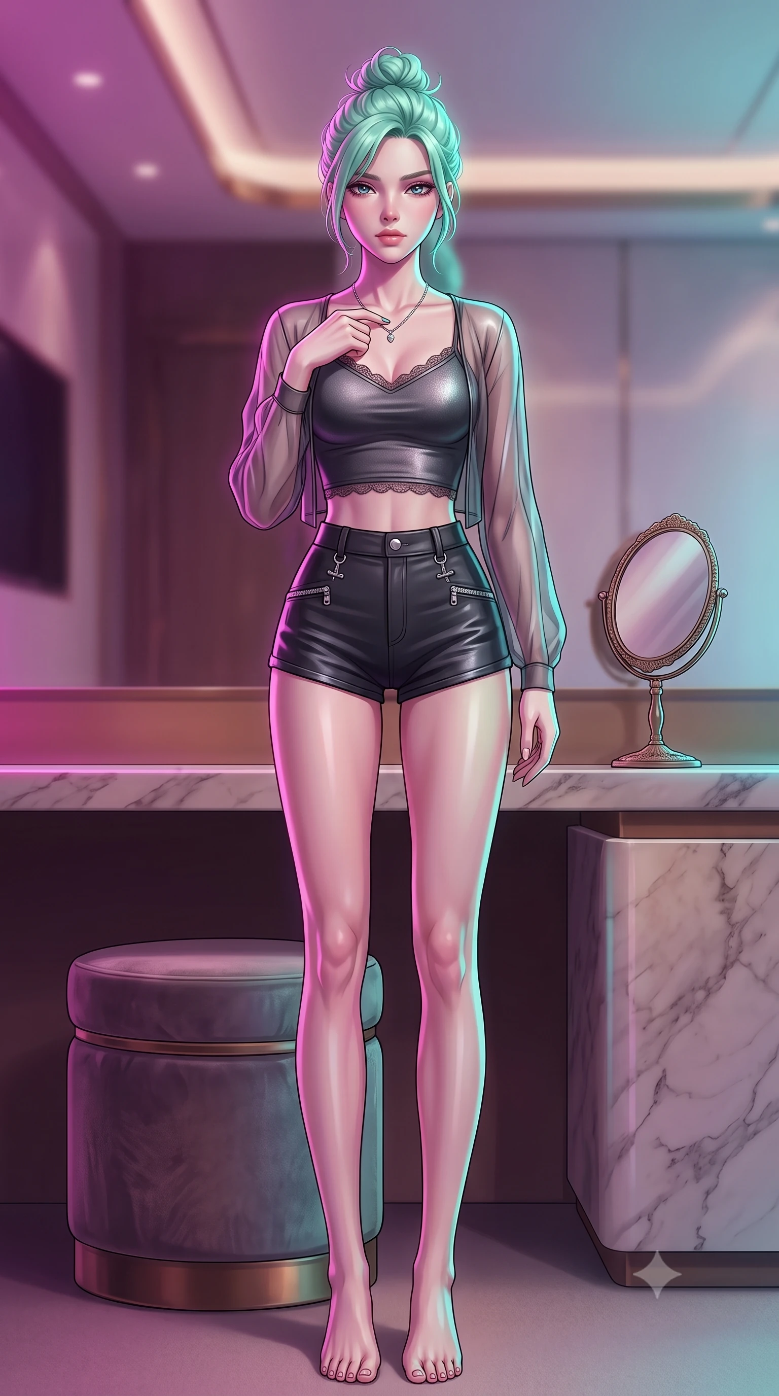 score_9, masterpiece, best quality, ultra-detailed, high-budget anime keyframe, editorial fashion photography, tasteful artistic composition, Japanese woman. low angle full-body shot from head to toe showing her feet, filling the entire 9:16 vertical frame with her statuesque presence, stretching her vertical silhouette. standing tall with statuesque grace, tracing a single finger down her necklace with a smoldering, magnetic expression set against a soft-focus background of inside an exclusive yacht cabin with a velvet-wrapped stool and an antique hand mirror resting on a marble counter. She has an absolutely perfect, statuesque 8.5-heads proportion, an exceptionally tall and slender model-like female figure with impossibly long slender legs and an ultra-slim waist. sharp v-shaped jawline, high-bridge nose, intricate jewel-like eyes with depth, thick eyelashes, glossy lips with a natural sheen. wearing slim-fit charcoal metallic jersey delicate lace-trim crop top worn under a sheer organza cardigan with high-waist micro-shorts accented with delicate silver hardware. drenched in dramatic neon rim-lighting that traces the sleek contours of her figure. highly saturated vibrant anime colors, detailed shading with soft gradients, rich glossy textures, high-contrast stereoscopic depth, volumetric dynamic lighting, master piece, 9:16 ratio