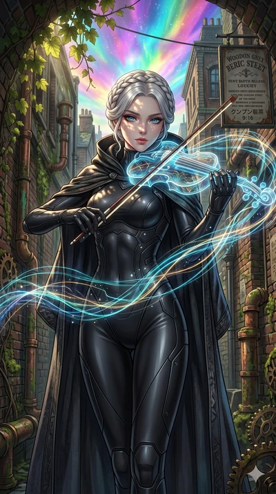 score_9, masterpiece, best quality, ultra-detailed, Set A: High-budget Anime Keyframe, Japanese woman. Upper body close-up from the thighs up, character filling the screen for maximum presence. Theme: Urban Decay. playing a holographic violin in a st