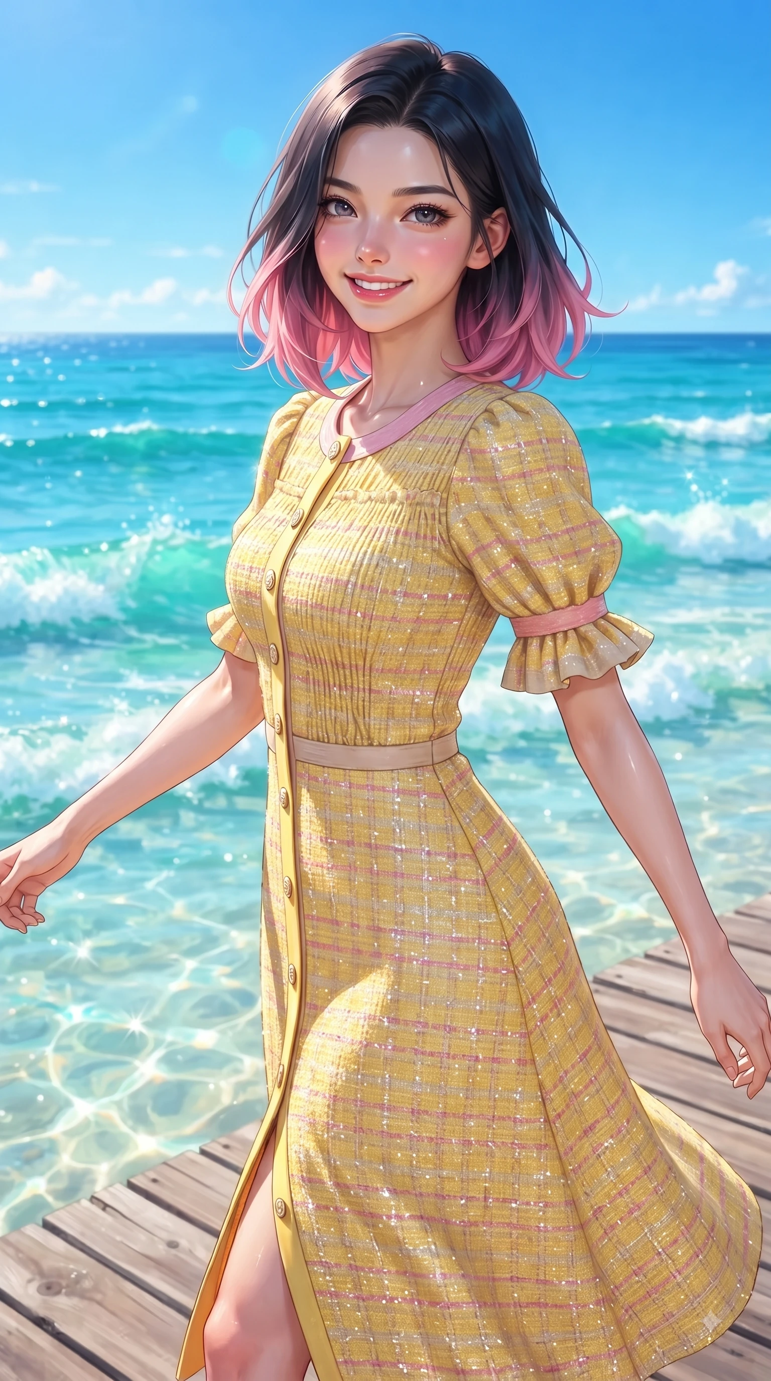 score_9, masterpiece, best quality, ultra-detailed, high-budget anime keyframe, editorial fashion photography, tasteful artistic composition, Korean woman. close-up cowboy shot from the waist and thighs up, the character dominates the composition, filling the frame with her large presence. Youthful bright smile exuding pure cute charm and fresh energy, her torso turning dynamically into the lens while taking a stroll along a quiet island seaside path as golden sunlight illuminates her fresh beauty. The surrounding environment is rendered in vivid detail and crisp panoramic clarity. vibrant sea foam crests, coastal boardwalk wooden planks, and crisp blue skies in panoramic clarity. She has an exceptionally elegant, slender, and willowy female figure with an ultra-slim waist, a gracefully sculpted slender torso, and a refined silhouette. sharp v-shaped jawline, high-bridge nose, intricate jewel-like eyes with depth, thick eyelashes, glossy lips with a natural sheen, flawlessly proportioned anatomical accuracy, natural body alignment, perfectly sculpted elegant limbs, clean dynamic posture without body distortion. wearing a cheerful daffodil-yellow button-front midi dress with short puff sleeves in cherry blossom pink and soft beige, tailored from soft pastel tweed with subtle metallic thread, accented with soft smocked details and fluttery cuffs, the relaxed yet flattering fit accentuating her naturally graceful and slender figure. bathed in brilliant tropical sunshine and glittering ocean water refractions. ultra-reflective glossy finish, specular highlights, metallic sheen, high-contrast stereoscopic depth, volumetric dynamic lighting, 2k, ultra detail, master piece, 9:16 ratio