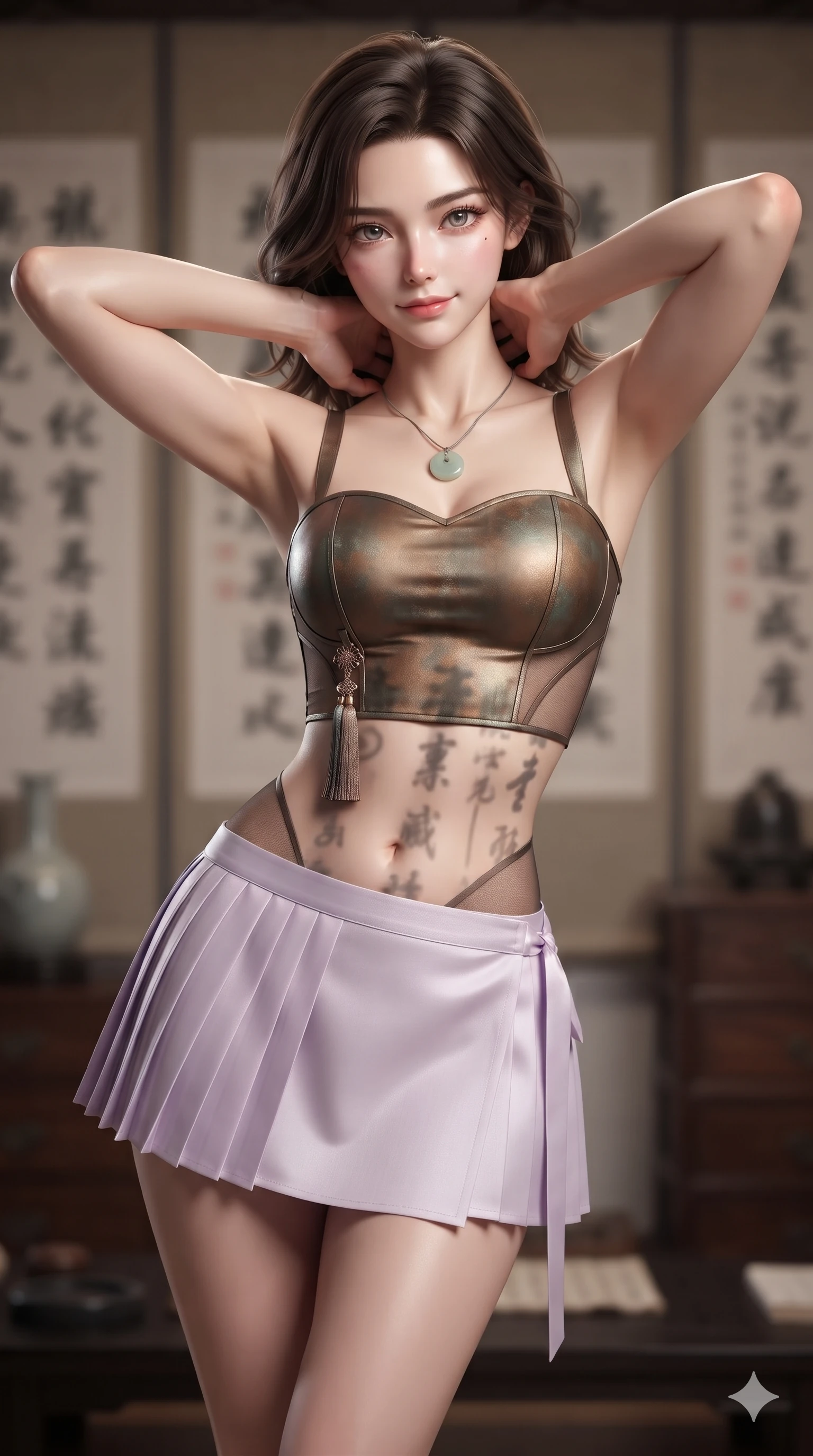score_9, masterpiece, best quality, ultra-detailed, high-budget anime keyframe, editorial fashion photography, tasteful artistic composition, Korean woman. close-up cowboy shot from the waist and thighs up, the character dominates the composition, filling the frame with her large presence. resting both hands lightly behind her neck with elbows raised, arching her spine to highlight her narrow waist, flat midriff, and breathtaking collarbones while twisting her slender torso in an alluring contrapposto stance, ink brush scroll characters casting dramatic silhouettes across her flat midriff. The background shows a soft-focus floor-to-ceiling hanging rice-paper calligraphy scrolls, cedar bookchests, and ceramic inkstones blurred into cream, sepia, and charcoal bokeh. She has an exceptionally elegant, slender, and willowy female figure with an ultra-slim waist, flat toned midriff, narrow ribcage, and sculpted feminine hips creating an alluring, slim hourglass silhouette without bulk. sharp v-shaped jawline, high-bridge nose, sparkling eyes with hypnotic seductive depth, thick curled eyelashes, glossy parted lips with a natural dewy peach sheen, alluring bedroom-eyes with an enchanting coquettish smile, exuding magnetic siren charisma and sophisticated glamour, flawlessly proportioned anatomical accuracy, strict slender model proportions, natural body alignment, perfectly sculpted long slender limbs, ultra-slim waistline, clean dynamic posture without body distortion. wearing a modern boned hanbok bustier top with norigae tassel paired with an ultra-short micro-pleated silk wrap mini skirt in vintage bronze patina and pale wisteria lilac, featuring strategic sheer-illusion micro-mesh cutouts along her ribcage and hip flanks, finished with a minimalist celadon porcelain pendant on a fine silk cord, the form-fitting cut adhering flawlessly to her sculpted flat midriff and slender torso, emphasizing her long leg lines and perfectly proportioned willowy build. illuminated by black lacquer desk bounce and sharp warm-amber rim lights sculpting her razor-sharp jawline, narrow waist, and curvy hips. ultra-reflective glossy finish, specular highlights, rich textural contrasts, high-contrast stereoscopic depth, volumetric dynamic lighting, 2k, ultra detail, master piece, 9:16 ratio