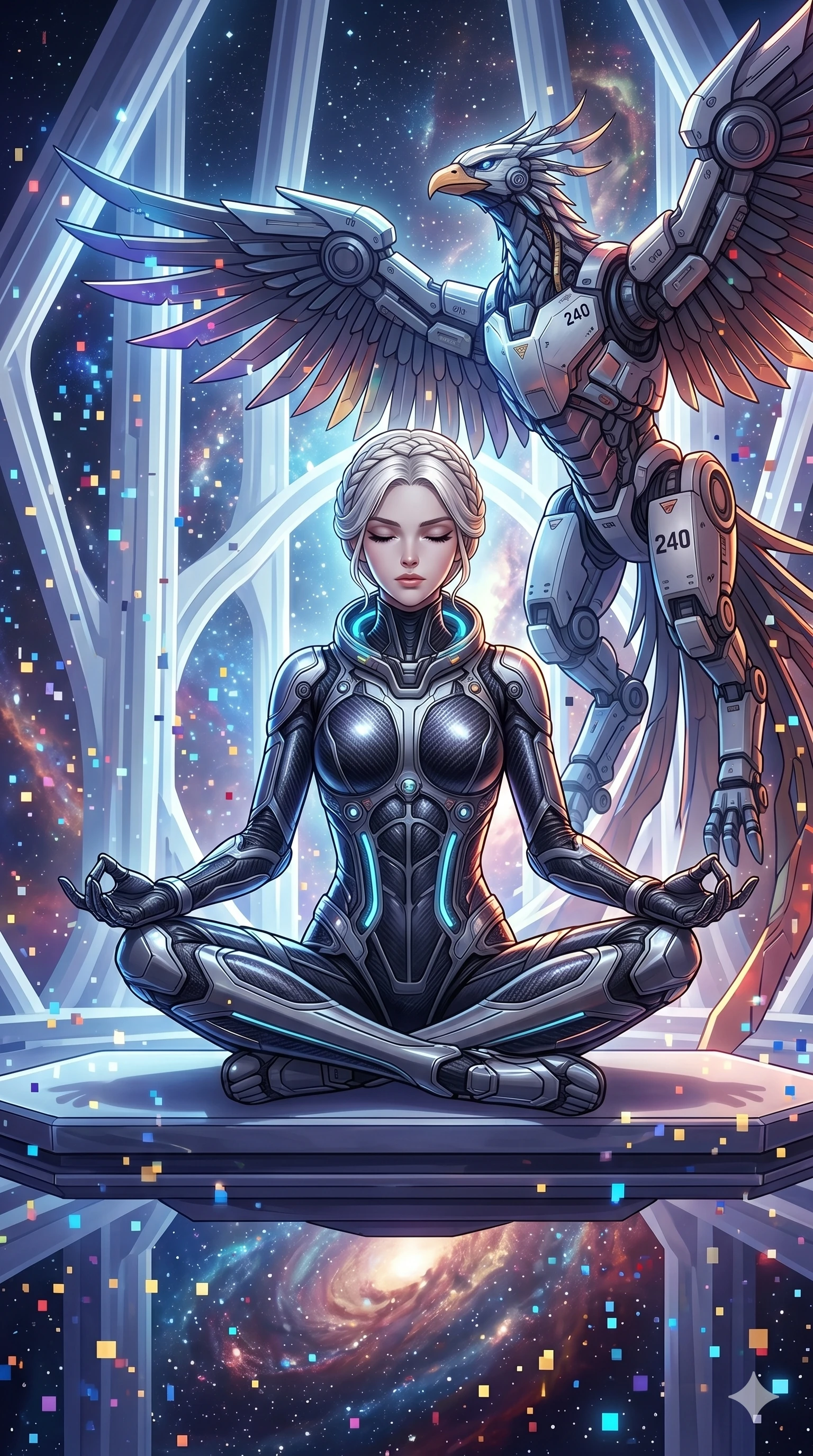 score_9, masterpiece, best quality, ultra-detailed, Set A: High-budget Anime Keyframe, Caucasian (human ears) woman. Low angle cowboy shot filling the entire 9:16 frame with her statuesque presence. Theme: Abstract Cosmic. meditating in a temple made of solid light, while a mechanical phoenix rises in the background marked 240. The atmosphere is filled with a blizzard of digital pixels. She has an absolutely perfect 8-heads proportion, an exceptionally tall and slender female figure with impossibly long slender legs and an ultra-slim waist. Sharp v-shaped jawline, high-bridge nose, intricate jewel-like eyes with depth, glossy lips. Wearing Interstellar pilot suit with glowing oxygen-tubes and a sleek carbon-fiber frame. Cinematic lighting, vivid colors, dramatic shadows, 2k, ultra detail, master piece, 9:16 ratio