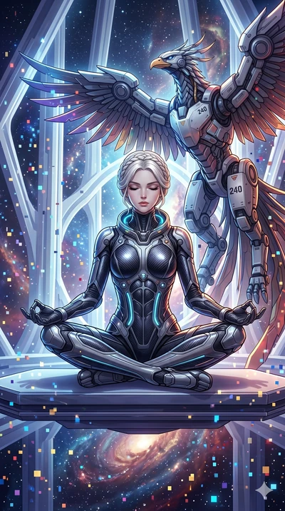 score_9, masterpiece, best quality, ultra-detailed, Set A: High-budget Anime Keyframe, Caucasian (human ears) woman. Low angle cowboy shot filling the entire 9:16 frame with her statuesque presence. Theme: Abstract Cosmic. meditating in a temple made