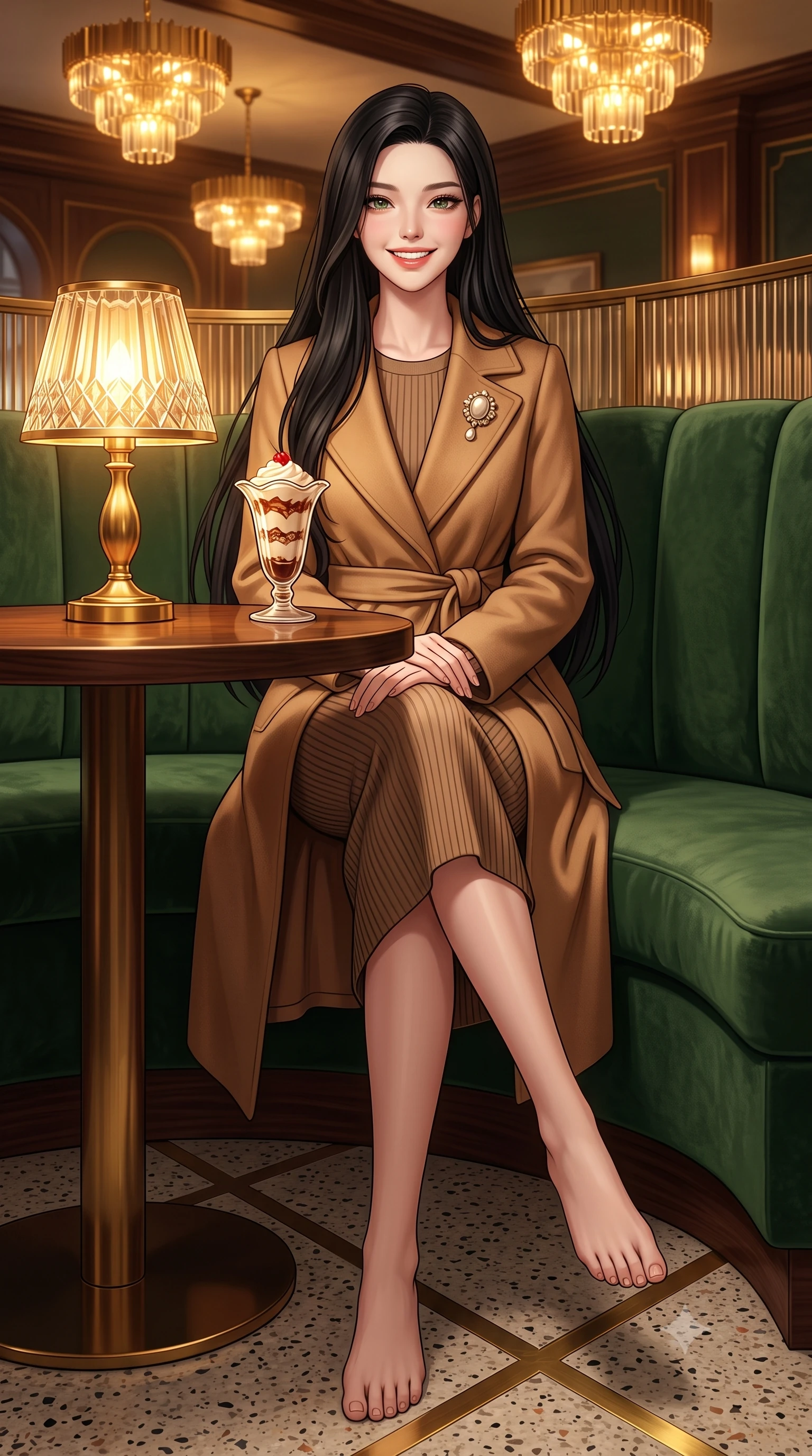 score_9, masterpiece, best quality, ultra-detailed, high-budget anime keyframe, semi-realistic 3D game render, editorial fashion photography, tasteful artistic composition, Korean woman. low angle full-body shot from head to toe showing her feet, filling the entire 9:16 vertical frame with her statuesque presence, stretching her vertical silhouette. sitting gracefully on the carved stone bench with legs crossed at the ankles, hands resting gently in her lap with noble poise while sitting poised in a curved forest green velvet booth beside a polished brass lamp, smiling cheerfully over a vintage parfait glass. The surrounding environment is rendered in vivid detail and crisp panoramic clarity: sharp brass geometric inlay strips in terrazzo flooring, cut-crystal lamp shade facets, and velvet upholstery pile in deep focus. She has an exceptionally tall and slender model-like 8.5-heads proportion, an ultra-slim waist, a flat toned midriff, narrow delicate ribcage, and beautifully sculpted feminine hips creating a graceful, slim hourglass silhouette without any bulky heaviness, with impossibly long slender legs. sharp v-shaped jawline, high-bridge nose, intricate jewel-like sparkling eyes with depth, thick eyelashes, glossy parted lips with a natural peach sheen, bright cheerful beaming smile with an enchanting and coquettish sensual glint, exuding both youthful cute charm and seductive allure, flawlessly proportioned anatomical accuracy, strict slender model proportions, natural body alignment, perfectly sculpted long slender limbs, ultra-slim waistline, clean dynamic posture without body distortion. wearing a tailored belted cashmere wrap coat in warm camel layered over a fine ribbed knit midi dress in Saint-Germain camel wool and warm espresso, tailored from heavyweight double-faced wool with clean architectural edges, complemented by an antique baroque pearl brooch pinned tastefully on the lapel, the precision-cut high-waisted tailoring accentuating her ultra-slim waist and long slender leg line with immaculate aristocratic poise. bathed in warm 2900K incandescent amber illumination from authentic Art Deco brass chandeliers and table lamps. highly saturated vibrant anime colors, detailed shading with soft gradients, rich glossy textures, high-contrast stereoscopic depth, volumetric dynamic lighting, master piece, 9:16 ratio