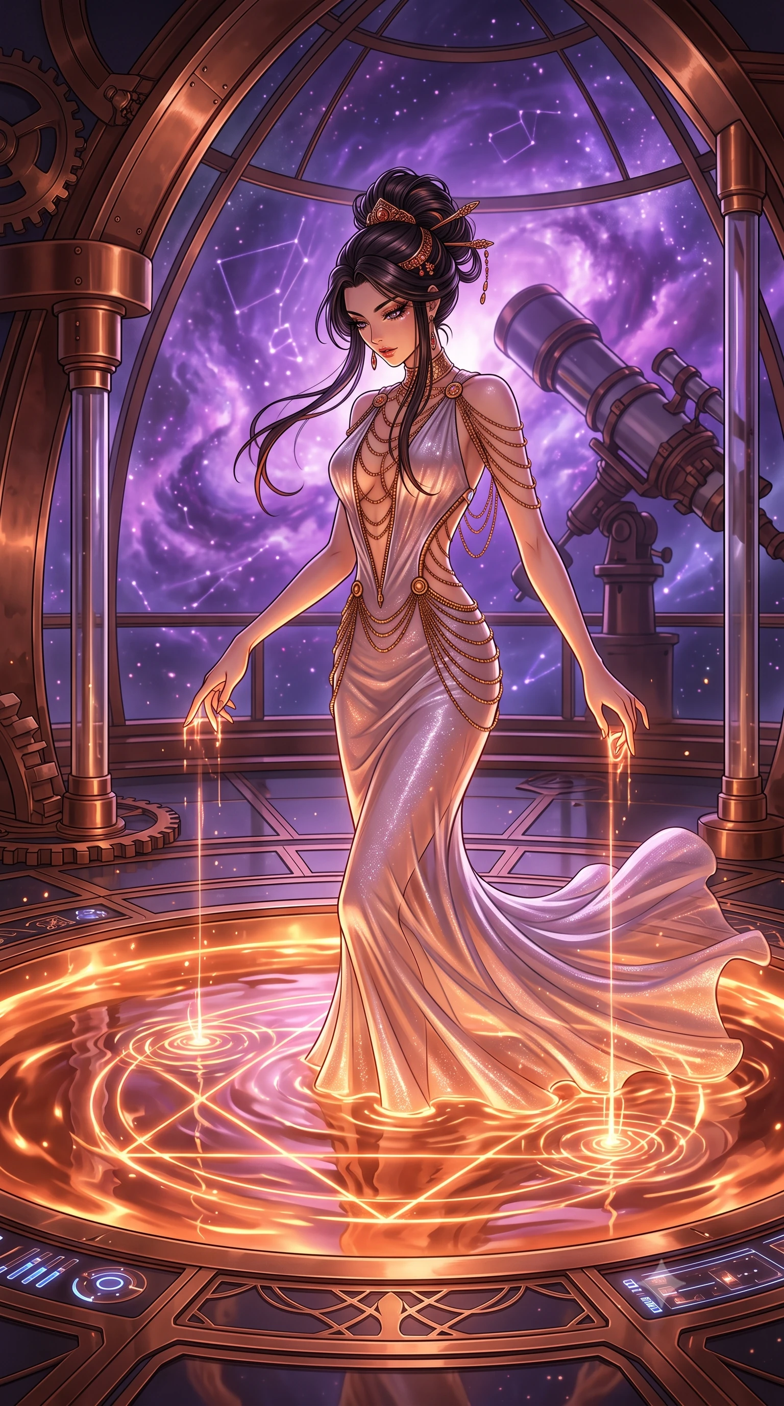 score_9, masterpiece, best quality, ultra-detailed, High-budget Anime Keyframe, East Asian woman. Dynamic full-body shot stretching the vertical silhouette to the limit. Scenario 372: tracing geometric patterns in a pool of warm liquid copper inside a high-altitude observatory dome under a swirling violet nebula. Her presence is magnetic and overpowering in this high-budget anime scene. Outfit 372: a body-hugging shimmering chiffon long with a unzipped detail and fine gold chains. The clothing is designed to emphasize her exceptionally tall and slender 8-heads proportion. 8-heads proportion, towering silhouette, ultra-slim waist. sharp v-shaped jawline, intricate jewel-like eyes with depth, thick eyelashes, glossy lips. 2k, ultra detail, master piece, 9:16 ratio