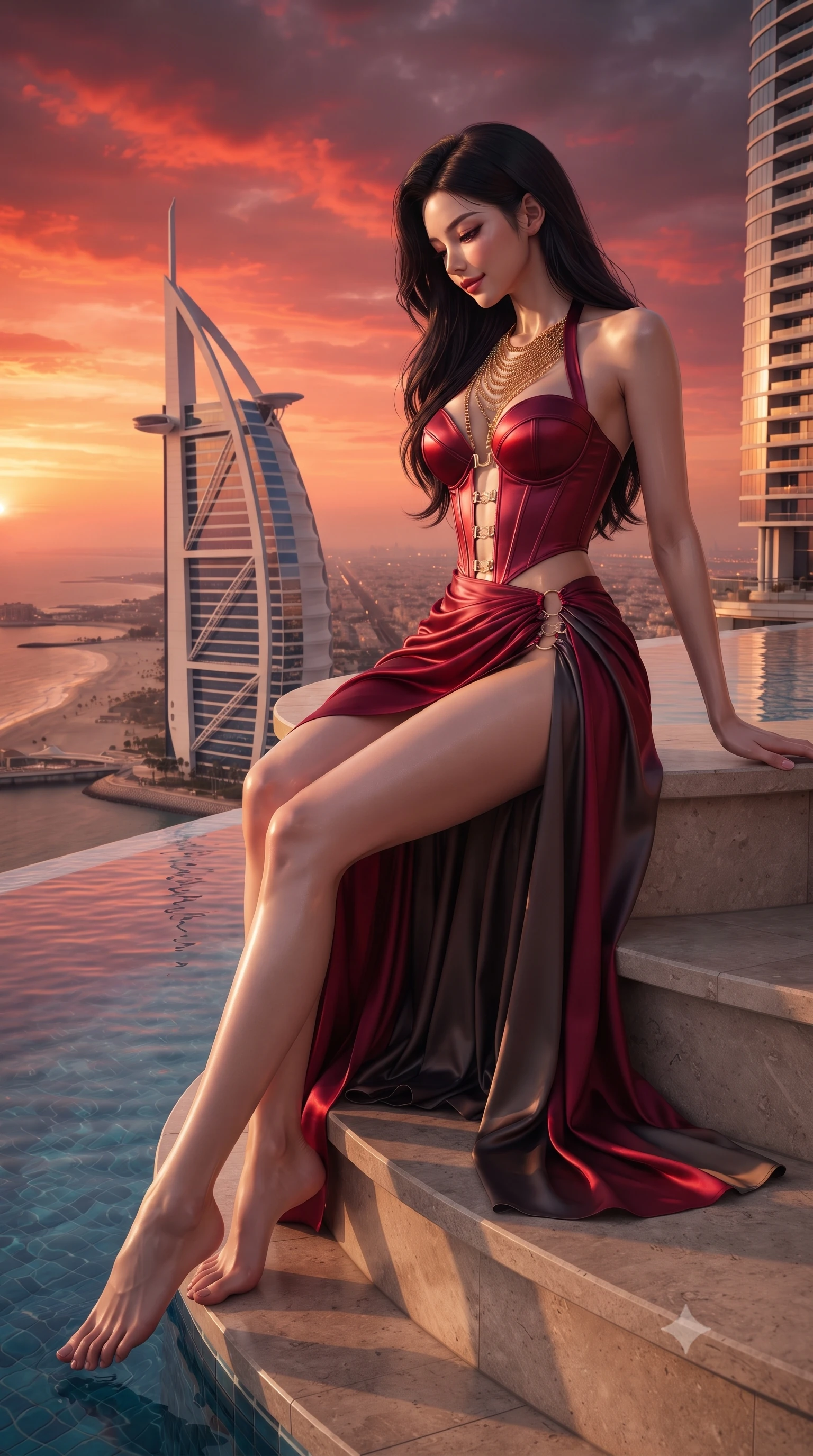 score_9, masterpiece, best quality, ultra-detailed, high-budget anime keyframe, editorial fashion photography, tasteful artistic composition, Korean woman. low angle full-body shot from head to toe showing her feet, filling the entire 9:16 vertical frame with her statuesque presence, stretching her vertical silhouette. sitting poised on the stone steps with one knee bent, arching her spine with supermodel elegance as she glances upward through thick eyelashes while leaning over the vanishing glass infinity edge with hips cocked back, looking down at the coastline with intoxicating smoldering bedroom-eyes. The surrounding environment is rendered in vivid detail and crisp panoramic clarity: detailed liquid gold chainmail halter top shine, gold belly chain glint, and iconic sail-shaped skyscraper architecture in razor-sharp precision. She has an exceptionally tall and slender model-like 8.5-heads proportion, an ultra-slim waist, a flat toned midriff, narrow delicate ribcage, and beautifully sculpted feminine hips creating a graceful, slim hourglass silhouette without any bulky heaviness, with impossibly long slender legs. sharp v-shaped jawline, high-bridge nose, intricate jewel-like sparkling eyes with depth, thick eyelashes, glossy parted lips with a natural peach sheen, bright cheerful beaming smile with an enchanting and coquettish sensual glint, exuding both youthful cute charm and seductive allure, flawlessly proportioned anatomical accuracy, strict slender model proportions, natural body alignment, perfectly sculpted long slender limbs, ultra-slim waistline, clean dynamic posture without body distortion. wearing a structured satin corset bustier paired with a draped high-slit wrap chiffon maxi skirt revealing her long slender legs in rich ruby crimson and dark brushed titanium, crafted from fluid liquid silk satin that clings smoothly to her narrow waist and rounded hips with a dewy sheen, finished with fine gold ring clasps securing the daring side openings along her hip line, the precision-cut side openings and low-back scoop framing her graceful spine and the sensual sweep of her slim, toned hips. bathed in the blinding, saturated scarlet and orange sunset radiance of the Arabian desert sky. ultra-reflective glossy finish, specular highlights, rich textural contrasts, high-contrast stereoscopic depth, volumetric dynamic lighting, 2k, ultra detail, master piece, 9:16 ratio