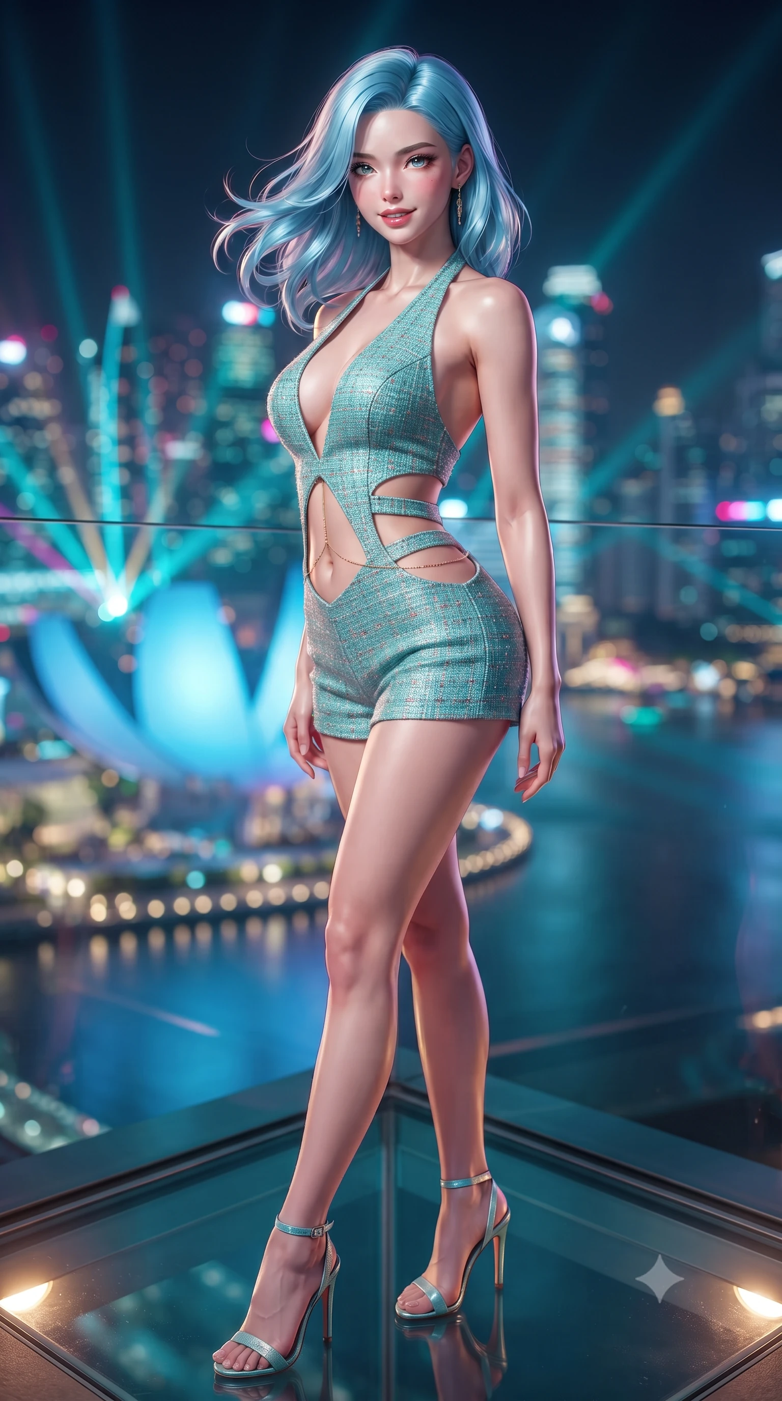 score_9, masterpiece, best quality, ultra-detailed, high-budget anime keyframe, editorial fashion photography, tasteful artistic composition, Korean woman. close-up cowboy shot from the waist and thighs up, the character dominates the composition, filling the frame with her large presence. turning slowly with an enchanting smoldering smile, her glossy hair tossing in the breeze as her hips angle gracefully in a captivating contrapposto while standing poised on the cantilevered glass viewing deck 200 meters above the bay, arching her spine with sovereign supermodel poise as the illuminated Singapore skyline blazes. The background shows a soft-focus futuristic lotus-shaped ArtScience Museum, glittering financial district towers, and Marina Bay laser water show blurred into electric cyan, magenta, and gold bokeh. She has an exceptionally elegant, slender, and willowy female figure with an ultra-slim waist, flat toned midriff, narrow ribcage, and sculpted feminine hips creating an alluring, slim hourglass silhouette without bulk. sharp v-shaped jawline, high-bridge nose, intricate jewel-like sparkling eyes with depth, thick eyelashes, glossy parted lips with a natural peach sheen, bright cheerful beaming smile with an enchanting and coquettish sensual glint, exuding both youthful cute charm and seductive allure, flawlessly proportioned anatomical accuracy, strict slender model proportions, natural body alignment, perfectly sculpted long slender limbs, ultra-slim waistline, clean dynamic posture without body distortion. wearing a daring low-cut halterneck romper with exposed midriff and strappy hip cutouts in Sentosa tropical coral reef teal and pure iridescent pearl, woven from structured British tweed with subtle metallic flecks, accented with a dainty gold belly chain resting across her flat midriff and curving hips, the second-skin tailored fabric adhering flawlessly to her sculpted flat midriff and slender torso, emphasizing her long leg lines and perfectly proportioned willowy build. bathed in the dynamic multi-colored ambient of the illuminated bay lasers contrasted with warm 2900K recessed deck cove downlights. ultra-reflective glossy finish, specular highlights, rich textural contrasts, high-contrast stereoscopic depth, volumetric dynamic lighting, 2k, ultra detail, master piece, 9:16 ratio