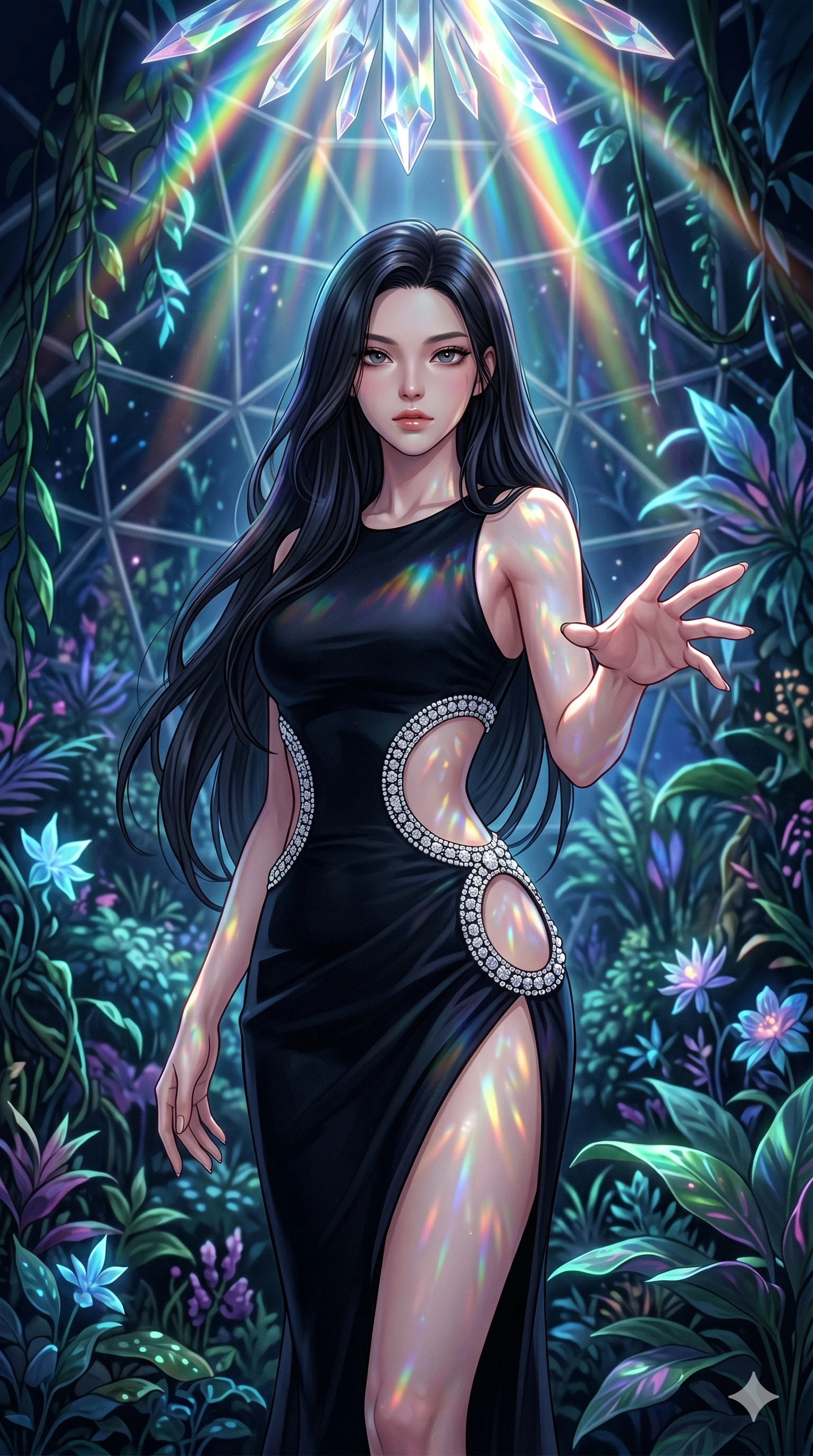score_9, masterpiece, best quality, ultra-detailed, high-budget anime keyframe, editorial fashion photography, tasteful artistic composition, Korean woman. cowboy shot from the thighs up, character and outfit filling the frame for maximum editorial presence. Reaching one hand toward the viewer with relaxed elegance within a prismatic rain-forest dome where bioluminescent plants pulse softly in the dark. She has an absolutely perfect 8-heads proportion, an exceptionally tall and slender female figure with impossibly long slender legs and an ultra-slim waist. V-shaped jawline, high-bridge nose, intricate jewel-like eyes with depth, thick eyelashes, glossy lips with a natural sheen. wearing a midnight black structured couture gown with elaborate crystal-edged circular cutouts at the waist and hip, creating a dazzling jeweled window effect against her skin. illuminated by cascading rainbow prismatic light refracting through crystal overhead and casting patterns on her skin. 2k, ultra detail, master piece, 9:16 ratio