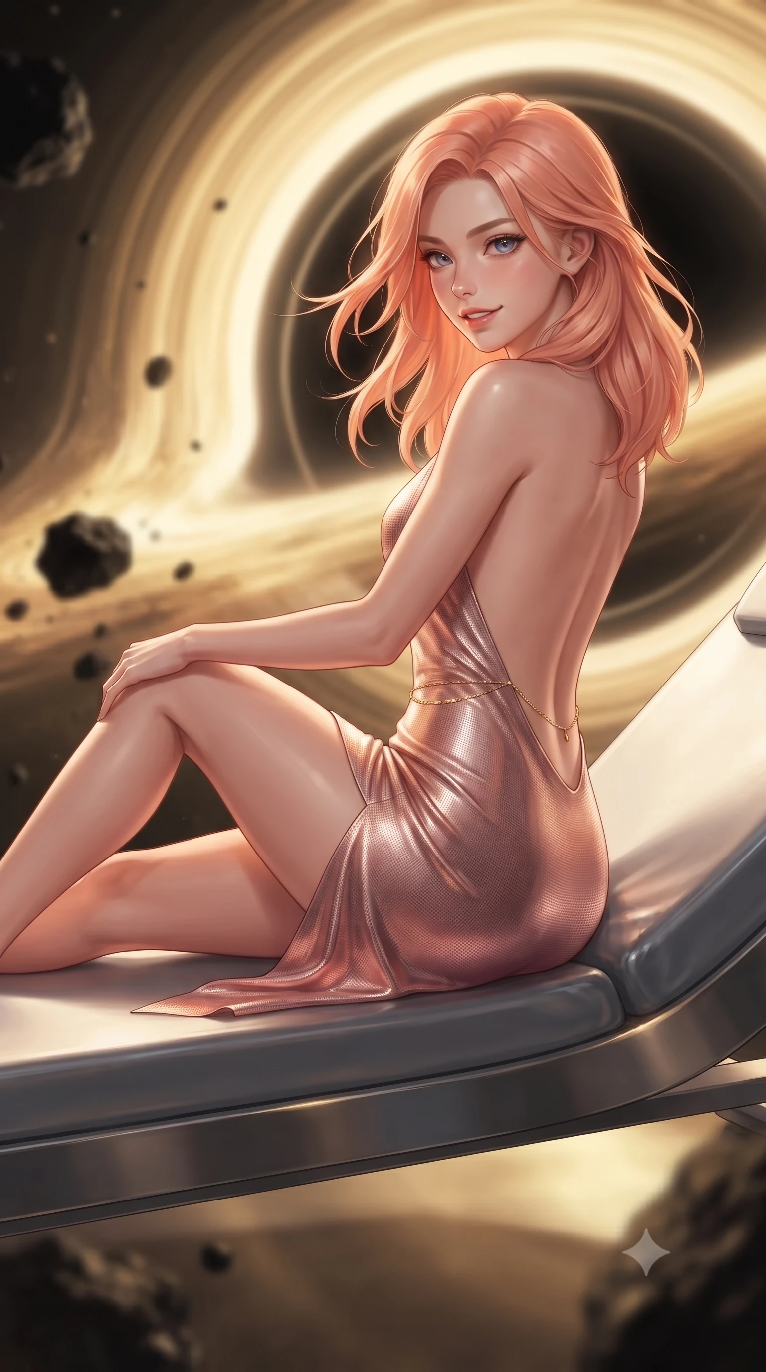 score_9, masterpiece, best quality, ultra-detailed, high-budget anime keyframe, editorial fashion photography, tasteful artistic composition, Japanese woman. close-up cowboy shot from the waist and thighs up, the character dominates the composition, filling the frame with her large presence. turning slowly with an enchanting smoldering smile, her glossy hair tossing in the breeze as her hips angle gracefully in a captivating contrapposto while lounging gracefully across the titanium observation daybed propped on one elbow with legs extended, displaying her long slender limbs and statuesque hourglass silhouette against the bent space matrix. The background shows a soft-focus swirling golden accretion disk of micro-black hole, curving gravitational lensing photon rings, and dark asteroid rock blurred into gold, amber, and jet-black bokeh. She has an exceptionally elegant, slender, and willowy female figure with an ultra-slim waist, flat toned midriff, narrow ribcage, and sculpted feminine hips creating an alluring, slim hourglass silhouette without bulk. sharp v-shaped jawline, high-bridge nose, intricate jewel-like sparkling eyes with depth, thick eyelashes, glossy parted lips with a natural peach sheen, bright cheerful beaming smile with an enchanting and coquettish sensual glint, exuding both youthful cute charm and seductive allure, flawlessly proportioned anatomical accuracy, strict slender model proportions, natural body alignment, perfectly sculpted long slender limbs, ultra-slim waistline, clean dynamic posture without body distortion. wearing an alluring backless metallic lamé combat halter mini dress with deep open back down to her lower spine and thigh-high slit in Solaris liquid rose-quartz and alien peach, crafted from fluid liquid silk satin that clings smoothly to her narrow waist and rounded hips with a dewy sheen, accented with a dainty gold belly chain resting across her flat midriff and curving hips, the impeccably tailored cut draping gracefully along her slender figure with aristocratic poise. illuminated by titanium bridge reflection bounce and sharp relativistic gold rim lights sculpting her razor-sharp jawline, narrow waist, and curvy hips. ultra-reflective glossy finish, specular highlights, rich textural contrasts, high-contrast stereoscopic depth, volumetric dynamic lighting, 2k, ultra detail, master piece, 9:16 ratio
