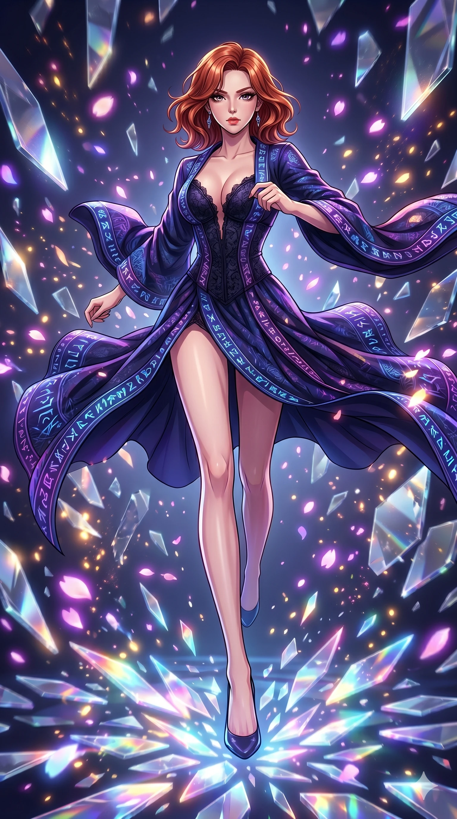 score_9, masterpiece, best quality, ultra-detailed, Set A: High-budget Anime Keyframe, Korean woman. Low angle cowboy shot filling the entire 9:16 frame with her statuesque presence. Sprinting through a dimension of floating mirrors, as the ground beneath her turns into 81 shards of light and surrounded by digital sakura petals. She has an absolutely perfect 8-heads proportion, an exceptionally tall and slender female figure with impossibly long slender legs and an ultra-slim waist. Sharp v-shaped jawline, high-bridge nose, intricate jewel-like eyes with depth, thick eyelashes, glossy lips with a natural sheen. Wearing Dark sorceress robes with glowing runes and a deep-cut lace corset. Cinematic lighting, vibrant colors, dramatic shadows, 2k, ultra detail, master piece, 9:16 ratio