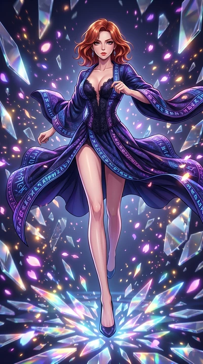 score_9, masterpiece, best quality, ultra-detailed, Set A: High-budget Anime Keyframe, Korean woman. Low angle cowboy shot filling the entire 9:16 frame with her statuesque presence. Sprinting through a dimension of floating mirrors, as the ground be