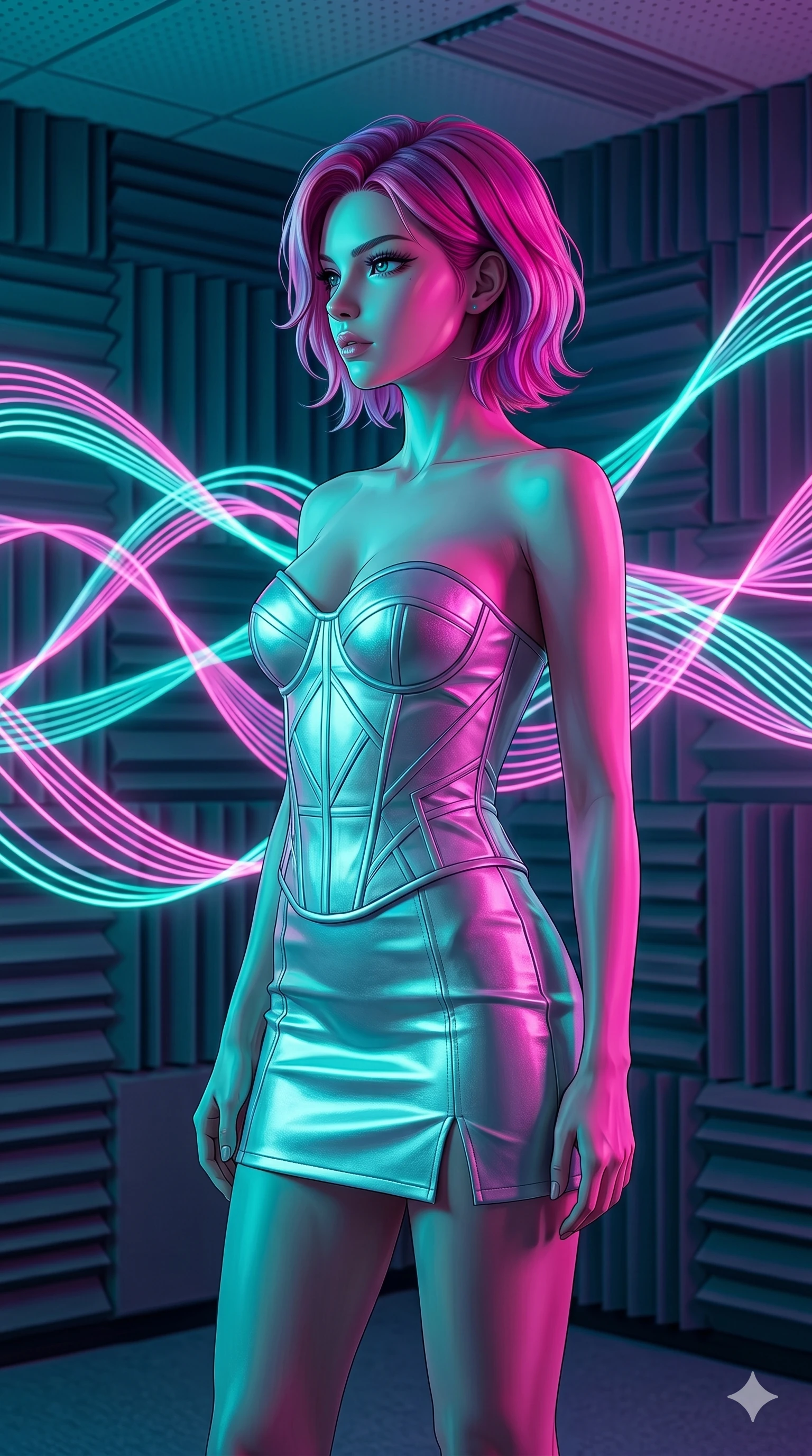 score_9, masterpiece, best quality, ultra-detailed, high-budget anime keyframe, editorial fashion photography, tasteful artistic composition, Caucasian woman, strictly human ears. cowboy shot from the thighs up, character and outfit filling the frame for maximum editorial presence. Turning her face in sharp dramatic profile against the light within a chamber where sound waves are visible as floating neon ribbons of pink and teal. She has an absolutely perfect 8-heads proportion, an exceptionally tall and slender female figure with impossibly long slender legs and an ultra-slim waist. V-shaped jawline, high-bridge nose, intricate jewel-like eyes with depth, thick eyelashes, glossy lips with a natural sheen. wearing a structured silver bustier with geometric seams, paired with a matching silver mini-skirt with a small side slit. under intense neon teal and magenta split-lighting creating vivid chromatic contrast on her figure. 2k, ultra detail, master piece, 9:16 ratio