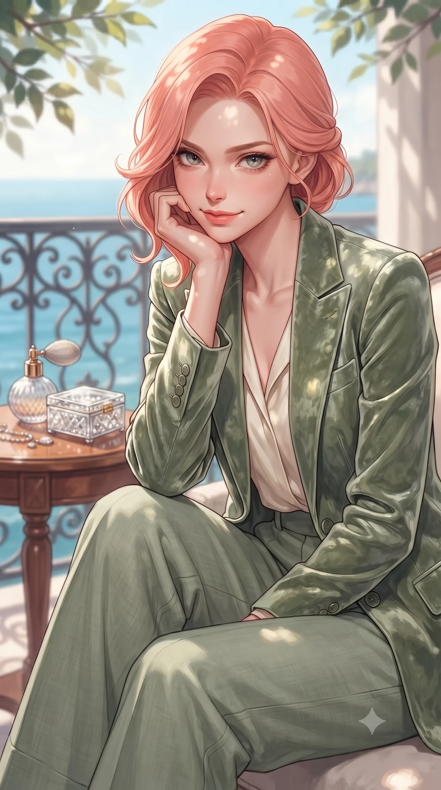 score_9, masterpiece, best quality, ultra-detailed, high-budget anime keyframe, editorial fashion photography, tasteful artistic composition, Japanese woman. close-up cowboy shot from the waist and thighs up, the character dominates the composition, filling the frame with her large presence, background elements kept in soft focus. flashing a sweet yet tantalizing grin, resting her chin on the back of her hand with intense eye contact set against a soft-focus background of inside an exclusive coastal veranda with a vintage perfume atomizer and crystal jewelry box reflecting soft light. She has an exceptionally elegant, slender, and willowy female figure with an ultra-slim waist, a gracefully sculpted slender torso, and a refined silhouette. sharp v-shaped jawline, high-bridge nose, intricate jewel-like eyes with depth, thick eyelashes, glossy lips with a natural sheen. wearing tailored sage green crushed velvet tailored casual blazer paired with a loose tee and wide-leg trousers featuring refined tailored seams. highlighted by dappled sunlight filtering through leafy branches, creating soft organic patterns. highly saturated vibrant anime colors, detailed shading with soft gradients, rich glossy textures, high-contrast stereoscopic depth, volumetric dynamic lighting, master piece, 9:16 ratio
