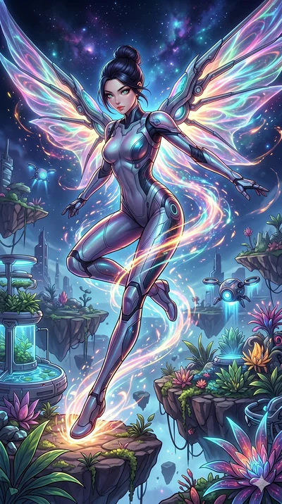 score_9, masterpiece, best quality, ultra-detailed, Set A: High-budget Anime Keyframe, Korean woman. Low angle cowboy shot filling the entire 9:16 frame with her statuesque presence. Leaping through a floating botanical garden, while her eyes glow wi