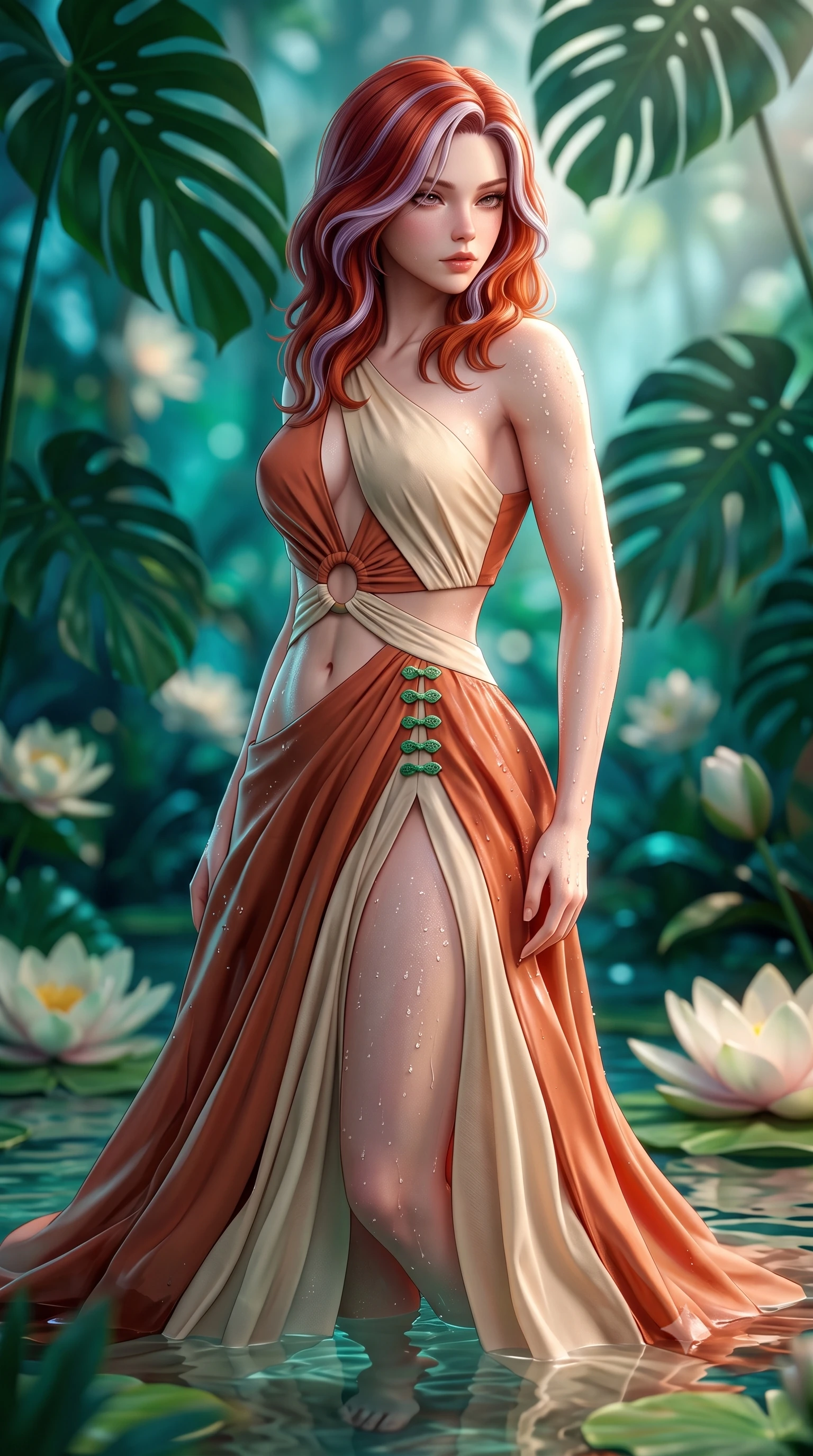 score_9, masterpiece, best quality, ultra-detailed, high-budget anime keyframe, semi-realistic 3D game render, editorial fashion photography, tasteful artistic composition, Caucasian woman. close-up cowboy shot from the waist and thighs up, the character dominates the composition, filling the frame with her large presence. twisting her slender torso in a deep contrapposto stance, hips dramatically shifted to accentuate her feminine curves while looking past her shoulder with smoldering bedroom-eyes while wading lightly into the shallow warm botanical pool beneath towering monstera fronds, arching her spine in pure pleasure as water droplets bead on her hips. The composition keeps background elements in soft focus with creamy bokeh. towering exotic palm fronds and giant floating lily blossoms blurred into deep emerald, turquoise, and soft moonlight bokeh. She has an exceptionally elegant, slender, and willowy female figure with an ultra-slim waist, a gracefully sculpted slender torso, toned flat midriff, and rounded feminine hips creating an alluring hourglass silhouette. sharp v-shaped jawline, high-bridge nose, intricate jewel-like eyes with depth, thick eyelashes, glossy parted lips with a natural sheen, intensely captivating and seductive bedroom-eyes expression, flawlessly proportioned anatomical accuracy, strict slender model proportions, natural body alignment, perfectly sculpted long slender limbs, ultra-slim waistline, clean dynamic posture without body distortion. wearing a modern water-nymph one-shoulder gown with an exposed midriff ring cutout and floating chiffon skirt in warm terracotta and natural linen cream, tailored from crisp structured cotton poplin with organic botanical dye, finished with an ultra-high side slit secured by miniature jade clasps, the second-skin form-contouring cut accentuating her sculpted flat midriff, narrow waistline, and dramatically curvy hips without adding bulk. surrounded by an otherworldly, sensual, and exquisitely pure water-lily nymph aura. highly saturated vibrant anime colors, detailed shading with soft gradients, rich glossy textures, high-contrast stereoscopic depth, volumetric dynamic lighting, master piece, 9:16 ratio