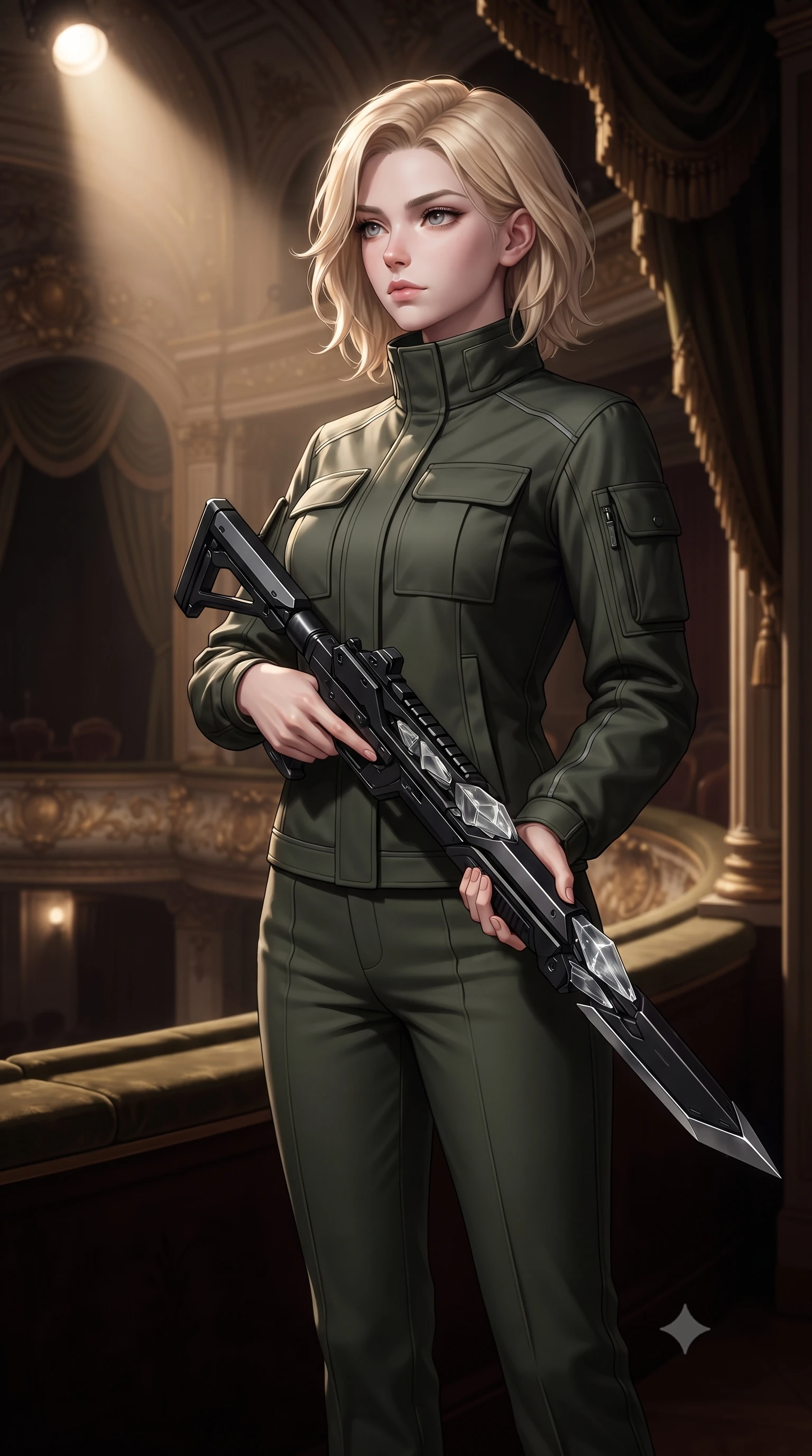 score_9, masterpiece, best quality, ultra-detailed, high-budget anime keyframe, editorial fashion photography, tasteful artistic composition, Caucasian woman. close-up cowboy shot from the waist and thighs up, the character dominates the composition, filling the frame with her large presence, background elements kept in soft focus. holding a deactivated nanotech glaive, looking past the camera with quiet, sharp focus and a composed expression, the background shows a soft-focus a private balcony alcove of a historic grand theater overlooking the stage. She has an exceptionally elegant, slender, and willowy female figure with an ultra-slim waist, a gracefully sculpted slender torso, and a refined silhouette. sharp v-shaped jawline, high-bridge nose, intricate jewel-like eyes with depth, thick eyelashes, glossy lips with a natural sheen. wearing a form-contouring protective combat pilot jacket in deep olive green, featuring a high collar, utility pockets, and straight-fit trousers. single warm spotlight from the stage tracing her posture and silhouette. ultra-reflective glossy finish, specular highlights, metallic sheen, high-contrast stereoscopic depth, volumetric dynamic lighting, 2k, ultra detail, master piece, 9:16 ratio
