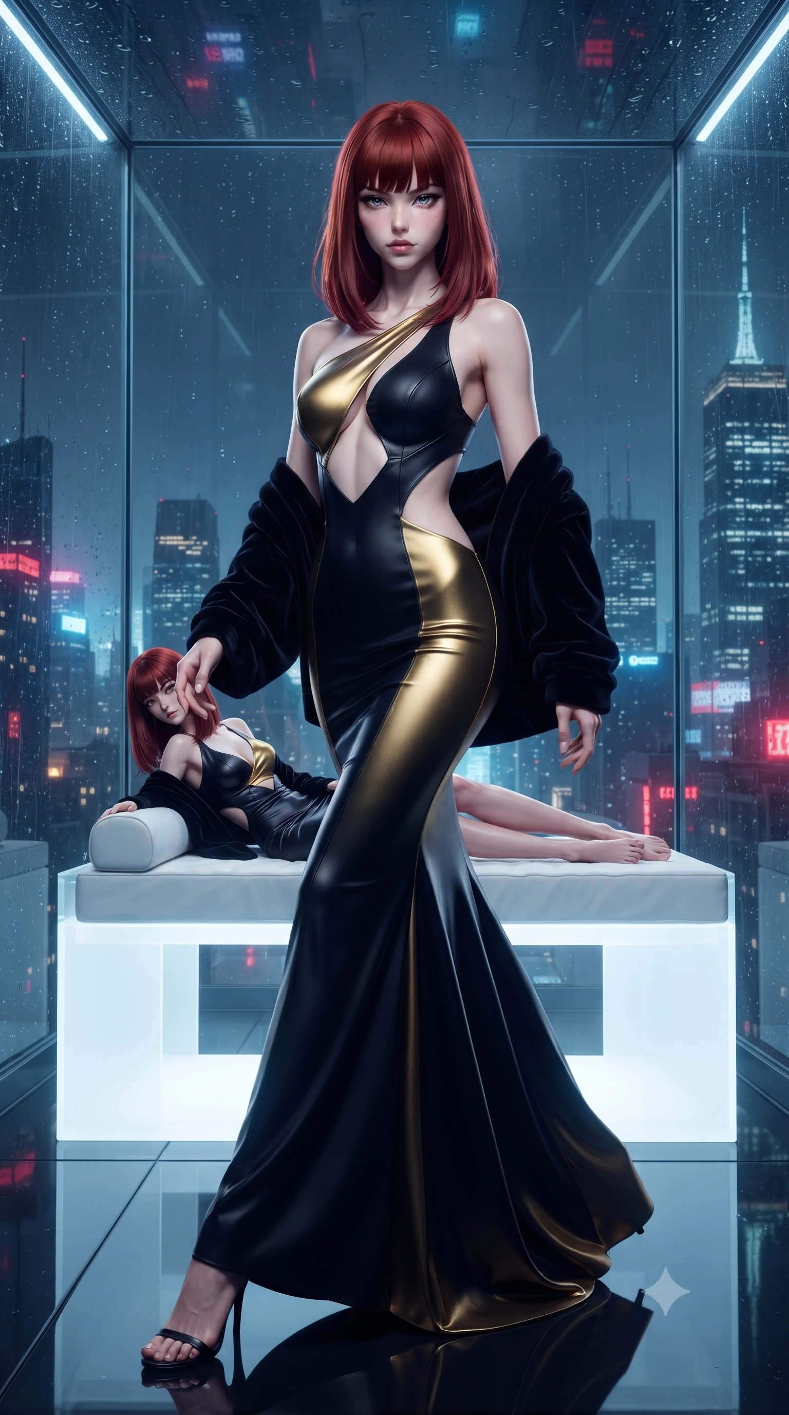 score_9, masterpiece, best quality, ultra-detailed, high-budget anime keyframe, editorial fashion photography, tasteful artistic composition, Caucasian woman. low angle full-body shot from head to toe showing her feet, filling the entire 9:16 vertical frame with her statuesque presence, stretching her vertical silhouette. striding forward in a proud supermodel runway stride, hips swaying in an alluring kinetic rhythm that accentuates her curvy hourglass silhouette while reclining on a minimalist white acrylic cube daybed within the transparent skybox, arching her lower back to display her curvy hips against the neon abyss. The surrounding environment is rendered in vivid detail and crisp panoramic clarity. sharp glasscube seam joints, rain droplet tracks on glass, and high-altitude skyscraper spire clarity in deep focus. She has an exceptionally tall and slender model-like 8.5-heads proportion, an ultra-slim waist, a flat toned midriff, narrow delicate ribcage, and beautifully sculpted feminine hips creating a graceful, slim hourglass silhouette without any bulky heaviness, with impossibly long slender legs. sharp v-shaped jawline, high-bridge nose, intricate jewel-like eyes with depth, thick eyelashes, glossy parted lips with a natural sheen, intensely captivating and seductive bedroom-eyes expression, flawlessly proportioned anatomical accuracy, strict slender model proportions, natural body alignment, perfectly sculpted long slender limbs, ultra-slim waistline, clean dynamic posture without body distortion. wearing a sculptured liquid-satin mermaid gown with an architectural open-waist cutout and bare spine in midnight obsidian black and liquid gold, tailored from water-resistant treated wool gabardine and flexible stretch silk, complemented by a plush velvet shawl draped loosely over her elbows, the second-skin form-contouring cut accentuating her sculpted flat midriff, narrow delicate ribcage, and gracefully curvy hips with supermodel precision. illuminated by wet specular glass bounce lights sculpting her razor-sharp jawline, narrow waist, and curvy hips. ultra-reflective glossy finish, specular highlights, rich textural contrasts, high-contrast stereoscopic depth, volumetric dynamic lighting, 2k, ultra detail, master piece, 9:16 ratio