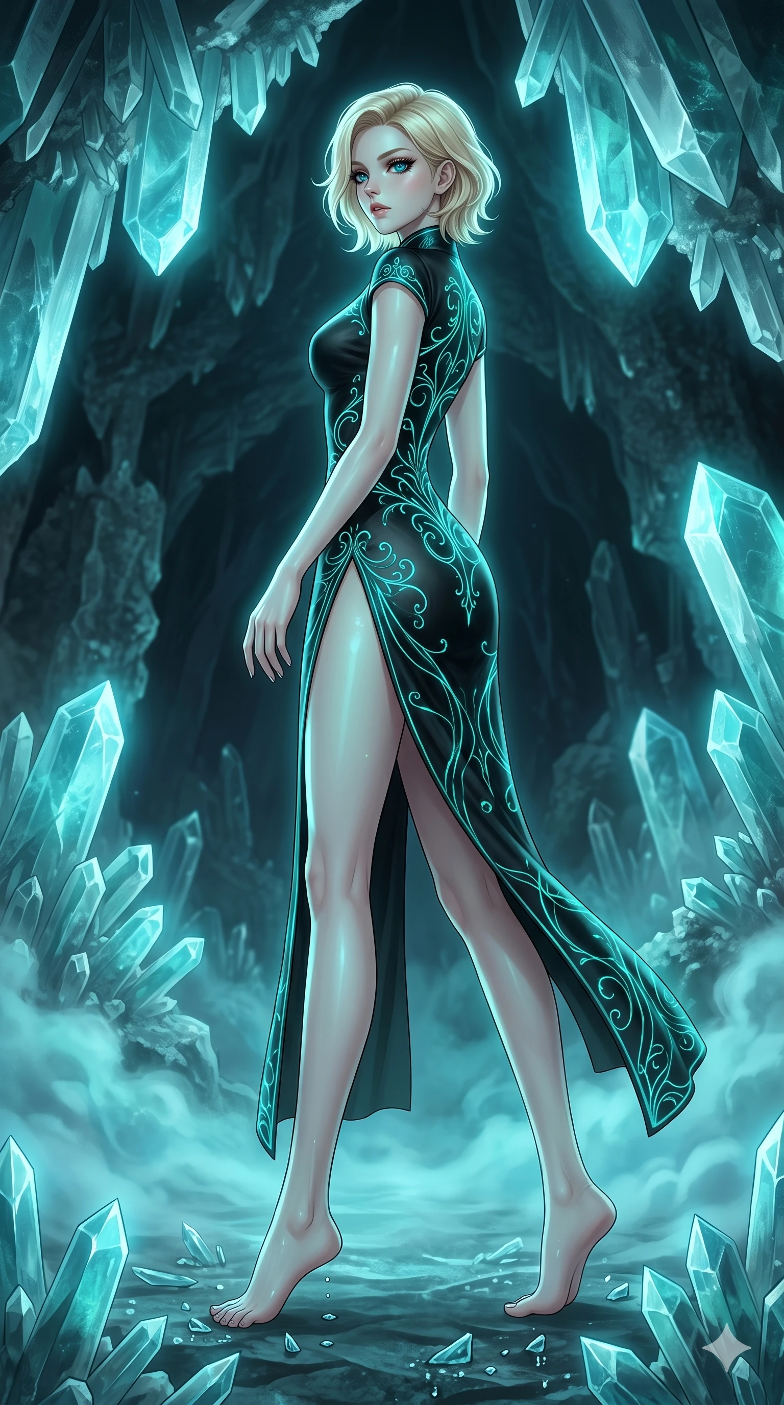 score_9, masterpiece, best quality, ultra-detailed, high-budget anime keyframe, editorial fashion photography, tasteful artistic composition, Caucasian woman, strictly human ears. low angle full-body shot from head to toe showing her feet, filling the entire 9:16 vertical frame with her statuesque presence, stretching her vertical silhouette. Turning back to look over her shoulder while continuing to walk forward, a dynamic counter-pose inside a cavern of giant gypsum crystals where a slow mist drifts across the floor. She has an absolutely perfect 8-heads proportion, an exceptionally tall and slender female figure with impossibly long slender legs and an ultra-slim waist. V-shaped jawline, high-bridge nose, intricate jewel-like eyes with depth, thick eyelashes, glossy lips with a natural sheen. wearing a modernized black silk qipao featuring a high side slit and glowing turquoise fiber-optic filigree. illuminated by soft aqua bioluminescent light that makes her skin glow luminously against the dark. 2k, ultra detail, master piece, 9:16 ratio