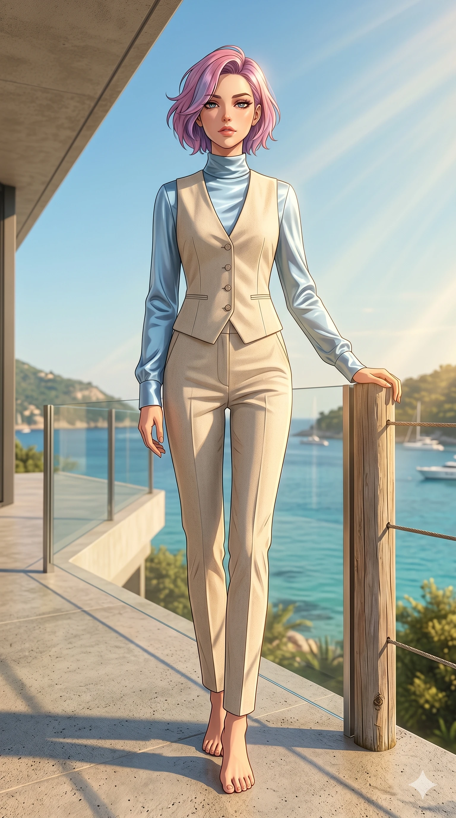 score_9, masterpiece, best quality, ultra-detailed, high-budget anime keyframe, editorial fashion photography, tasteful artistic composition, Caucasian woman, strictly human ears. low angle full-body shot from head to toe showing her feet, filling the entire 9:16 vertical frame with her statuesque presence, stretching her vertical silhouette. resting one hand on a wooden beach post, casting a bedroom-eyes gaze directly at the lens on a modern concrete terrace overlooking a sunlit bay at midday (Code-P19-037). She has an absolutely perfect 8-heads proportion, an exceptionally tall and slender female figure with impossibly long slender legs and an ultra-slim waist. V-shaped jawline, high-bridge nose, intricate jewel-like eyes with depth, thick eyelashes, glossy lips with a natural sheen. wearing a high-neck long-sleeve shirt in light blue silk under a structured cotton vest and pants. warm golden afternoon sunbeams reflecting off the valley stream, dancing across her skin. 2k, ultra detail, master piece, 9:16 ratio