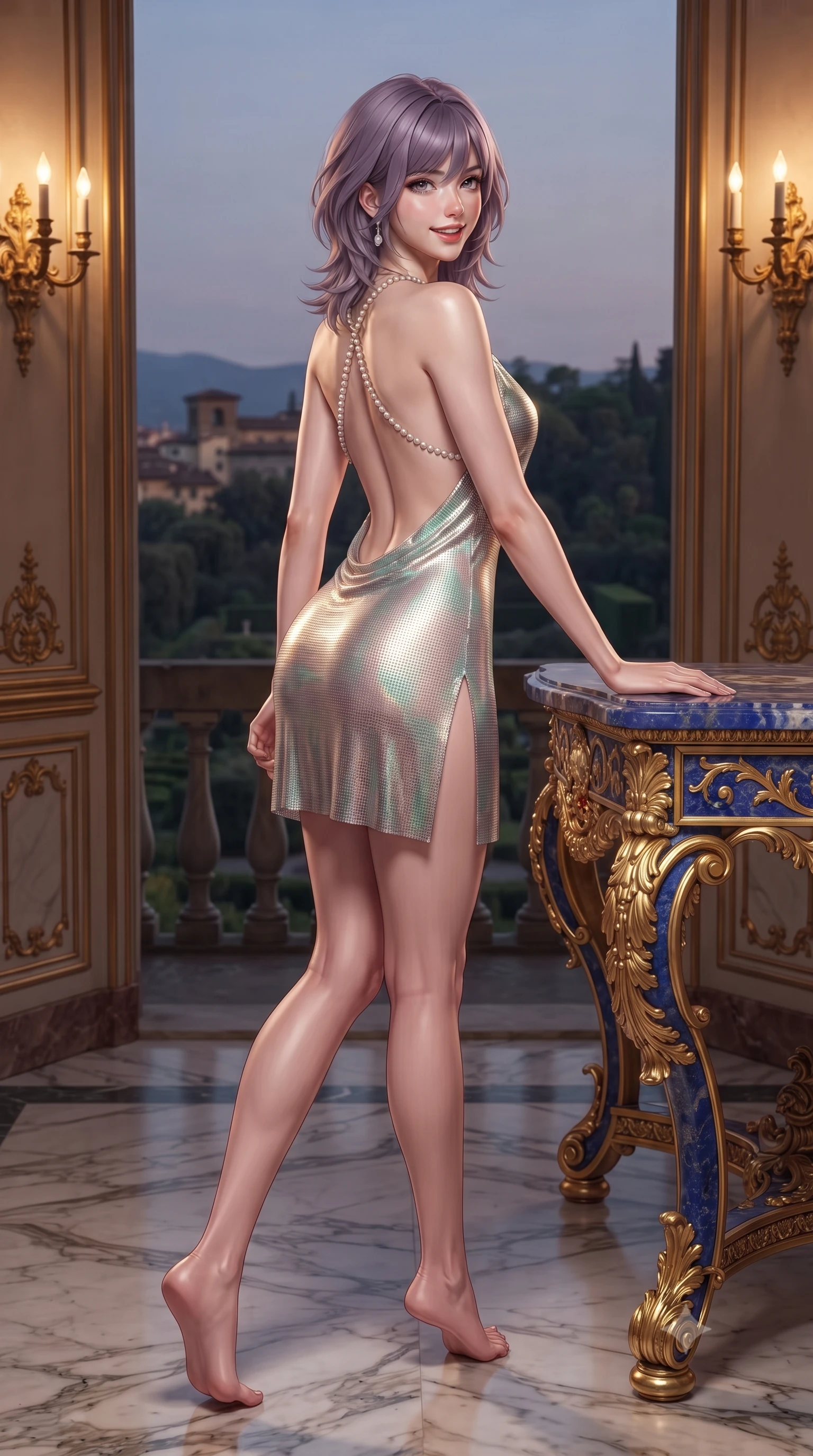 score_9, masterpiece, best quality, ultra-detailed, high-budget anime keyframe, editorial fashion photography, tasteful artistic composition, Japanese woman. low angle full-body shot from head to toe showing her feet, filling the entire 9:16 vertical frame with her statuesque presence, stretching her vertical silhouette. stepping forward in a confident stride, her long slender legs and curvaceous hips creating a dynamic, sweeping vertical line while leaning against the pietre dure semi-precious stone mosaic table with hips cocked back, looking out over the Boboli Gardens with smoldering bedroom-eyes. The surrounding environment is rendered in vivid detail and crisp panoramic clarity: sharp hand-carved gilded frame acanthus scrollwork, pietre dure lapis lazuli table inlays, and polished marble floor veining in deep focus. She has an exceptionally tall and slender model-like 8.5-heads proportion, an ultra-slim waist, a flat toned midriff, narrow delicate ribcage, and beautifully sculpted feminine hips creating a graceful, slim hourglass silhouette without any bulky heaviness, with impossibly long slender legs. sharp v-shaped jawline, high-bridge nose, intricate jewel-like sparkling eyes with depth, thick eyelashes, glossy parted lips with a natural peach sheen, bright cheerful beaming smile with an enchanting and coquettish sensual glint, exuding both youthful cute charm and seductive allure, flawlessly proportioned anatomical accuracy, strict slender model proportions, natural body alignment, perfectly sculpted long slender limbs, ultra-slim waistline, clean dynamic posture without body distortion. wearing a provocative backless halterneck silk lamé mini dress with deep scoop back down to her lower spine and thigh-high slit in iridescent seafoam pearl and champagne luster, crafted from stretch micro-mesh with liquid foil coating that shimmers with every movement, accented with a pearl-drop body harness subtly framing her dewy collarbones and spine, the glove-like clinging cut tightly following the natural contour of her hips and long slender legs with youthful 8.5-heads elegance. bathed in the warm intimate 2500K golden illumination of wall candelabra sconces dimmed to an evening gala ambiance. ultra-reflective glossy finish, specular highlights, rich textural contrasts, high-contrast stereoscopic depth, volumetric dynamic lighting, 2k, ultra detail, master piece, 9:16 ratio
