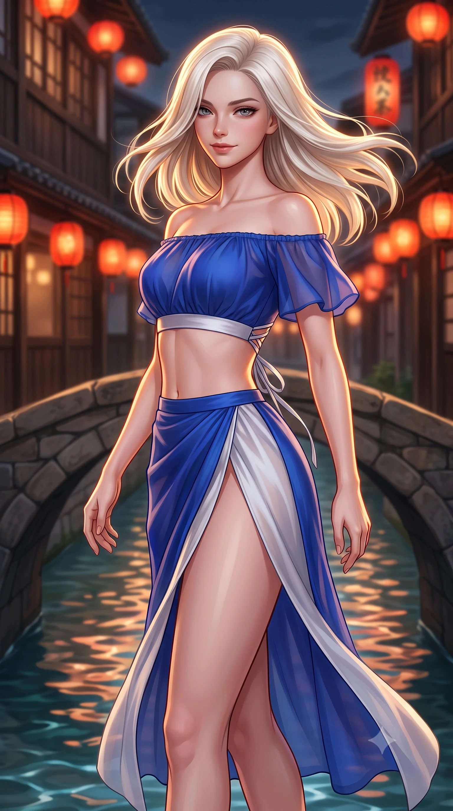 score_9, masterpiece, best quality, ultra-detailed, high-budget anime keyframe, semi-realistic 3D game render, editorial fashion photography, tasteful artistic composition, Caucasian woman. close-up cowboy shot from the waist and thighs up, the character dominates the composition, filling the frame with her large presence. turning slowly with a smoldering smile, her glossy dark hair tossing in the evening breeze as her hips angle gracefully in a captivating contrapposto while standing poised on the ancient arched stone bridge above the clear canal water, arching her spine with sovereign geisha-inspired poise. The background shows a soft-focus historic wooden machiya teahouse facades and glowing red paper lanterns blurred into warm vermilion, honey, and charcoal bokeh. She has an exceptionally elegant, slender, and willowy female figure with an ultra-slim waist, flat toned midriff, narrow ribcage, and sculpted feminine hips creating an alluring, slim hourglass silhouette without bulk. sharp v-shaped jawline, high-bridge nose, intricate jewel-like dark sparkling almond eyes with depth, thick lashes, glossy parted lips with a natural rose-plum sheen, bright alluring and coquettish smile with bedroom-eyes, exuding both timeless oriental elegance and sovereign high-fashion allure, flawlessly proportioned anatomical accuracy, strict slender model proportions, natural body alignment, perfectly sculpted long slender limbs, ultra-slim waistline, clean dynamic posture without body distortion. wearing a modern two-piece fusion set with an off-shoulder crop blouse and high-slit wrap skirt tracing her curvaceous hips in royal cobalt blue and starlight platinum, tailored from sheer gossamer silk organza with an airy weightless flutter, finished with criss-cross back satin laces tracing her slender spine, the precision-cut side hip slits and low-back scoop framing her graceful spine and the sensual sweep of her slim, toned hips. illuminated by rippling canal water reflections and sharp amber rim lighting sculpting her razor-sharp jawline, narrow waist, and curvy hips. highly saturated vibrant anime colors, detailed shading with soft gradients, rich glossy textures, high-contrast stereoscopic depth, volumetric dynamic lighting, master piece, 9:16 ratio