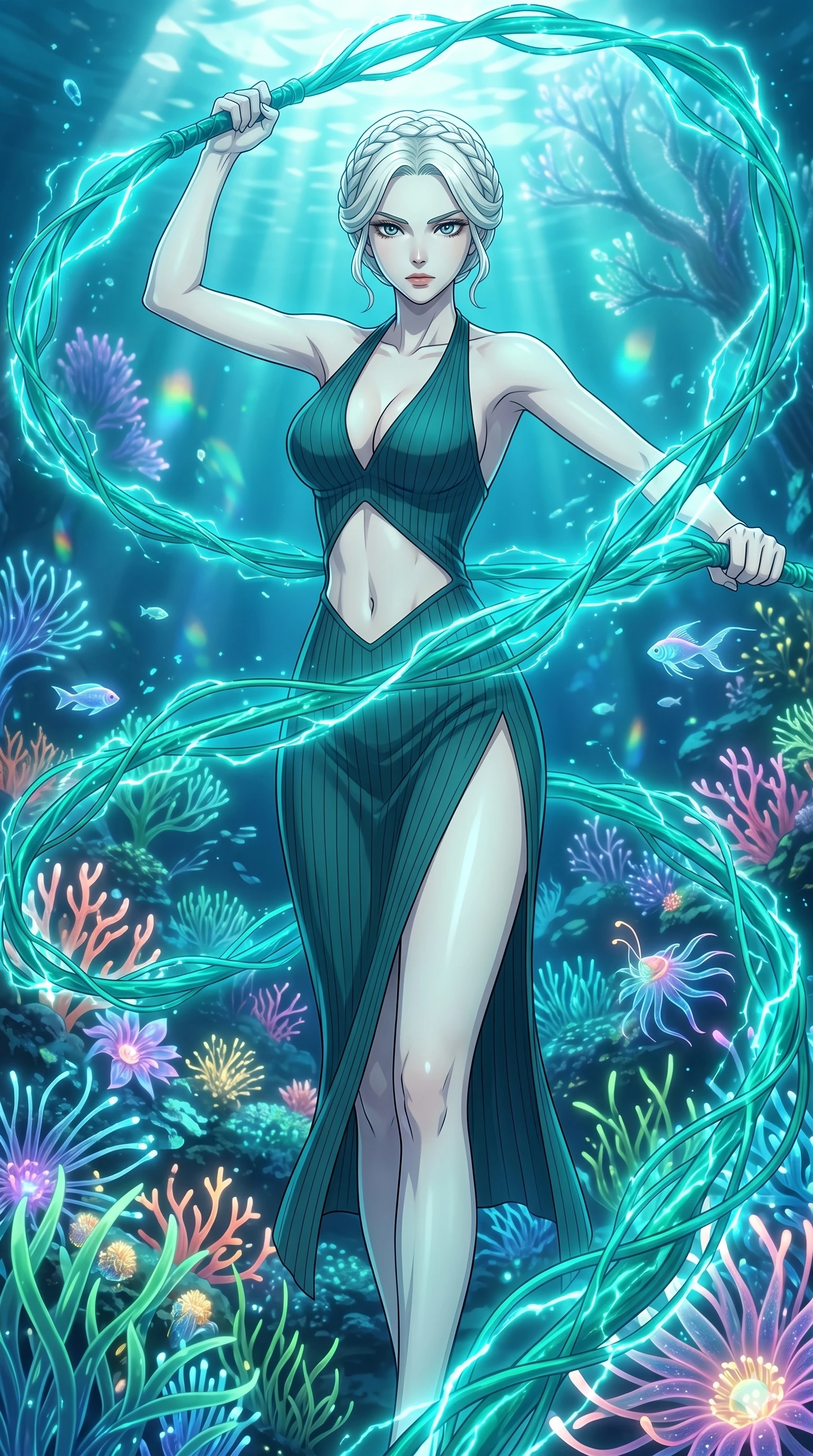 score_9, masterpiece, best quality, ultra-detailed, High-budget Anime Keyframe, vibrant colors, fluid line-art, expressive lighting, cinematic composition, Ufotable-style visual effects, top-tier animation quality, Japanese woman with delicate and elegant anime-inspired features. Upper body close-up from the thighs up, character filling the screen for maximum presence. Wielding a glowing vine whip that crackles with bioluminescent energy, devoid of thorns. She has an absolutely perfect 8-heads proportion, an exceptionally tall and slender female figure with impossibly long slender legs and an ultra-slim waist, her statuesque height and towering silhouette dominating the vertical 9:16 frame. Her face is a masterpiece featuring a sharp v-shaped jawline, high-bridge nose, intricate jewel-like eyes with depth, thick eyelashes, and glossy lips with a natural sheen. She is wearing a Ribbed knit bodycon midi dress with a deep-V neck halter top, featuring an exposed midriff and a dangerous high slit.. The scene is set in an underwater Eden where the plants are made of light and fiber-optics. 2k, ultra detail, master piece, 9:16 ratio